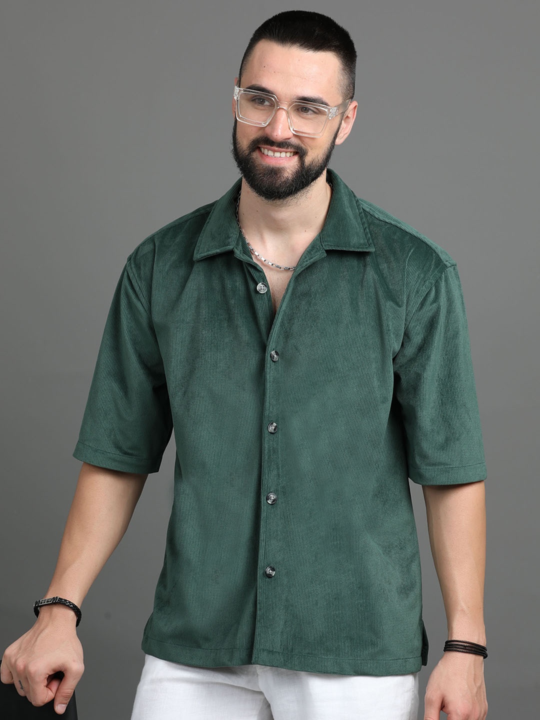 

HERE&NOW Green Textured Corduroy Oversized Casual Shirt