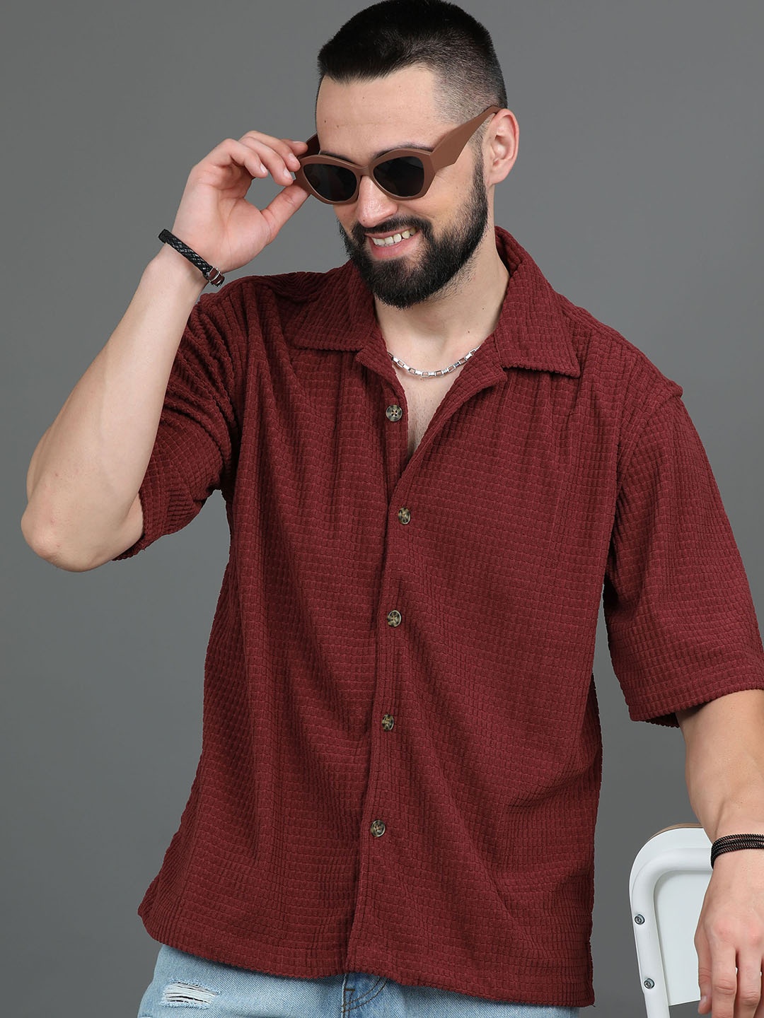 

HERE&NOW Maroon Textured Corduroy Oversized Casual Shirt