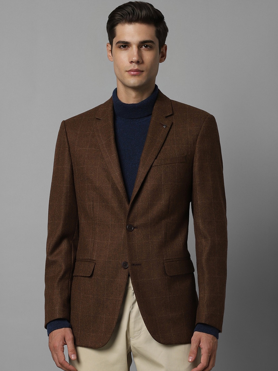

Louis Philippe Checked Notched Lapel Collar Woollen Single Breasted Blazer, Brown