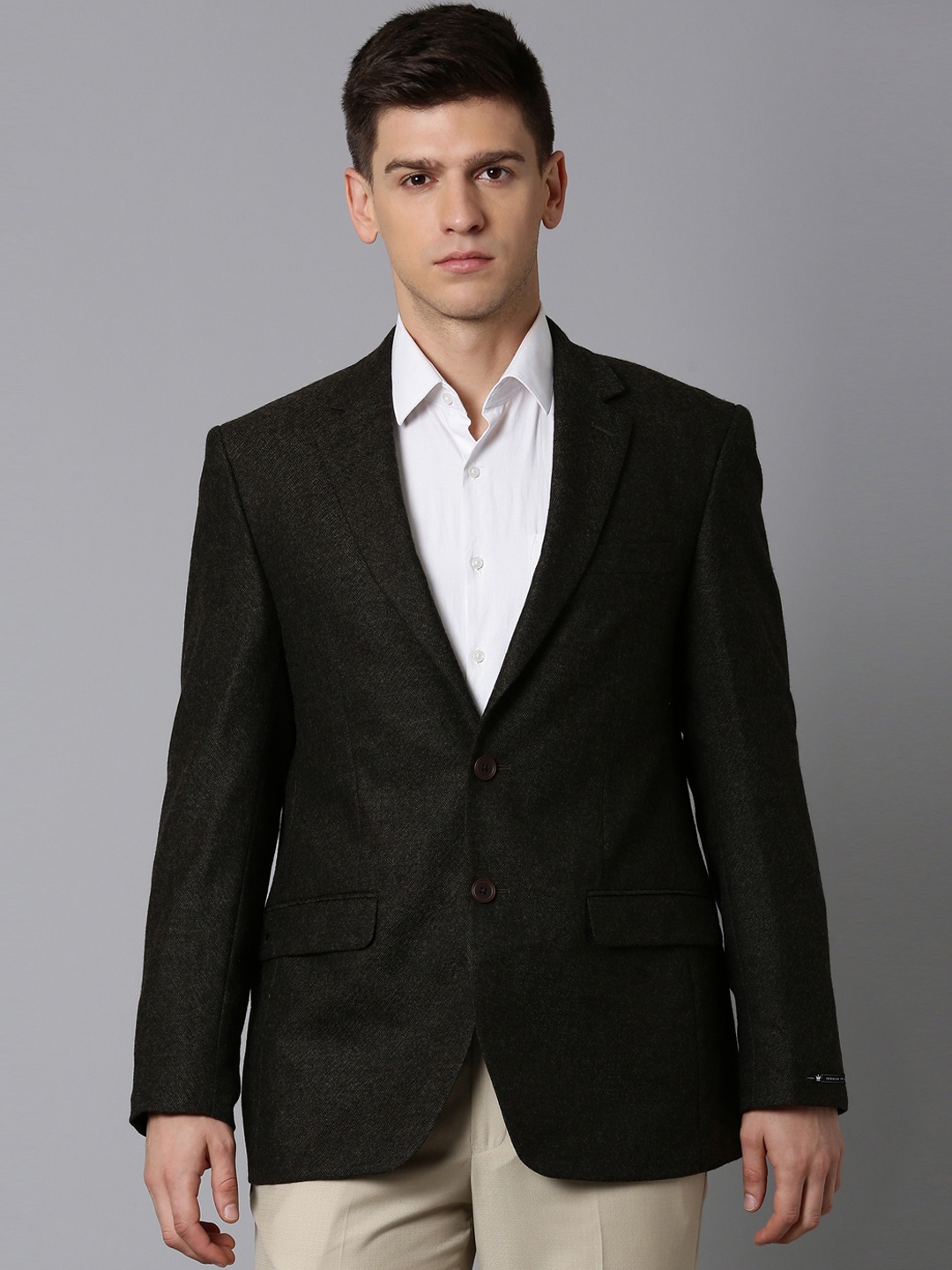 

Luxure by Louis Philippe Textured Notched Lapel Collar Pure Woollen Single Breasted Blazer, Brown