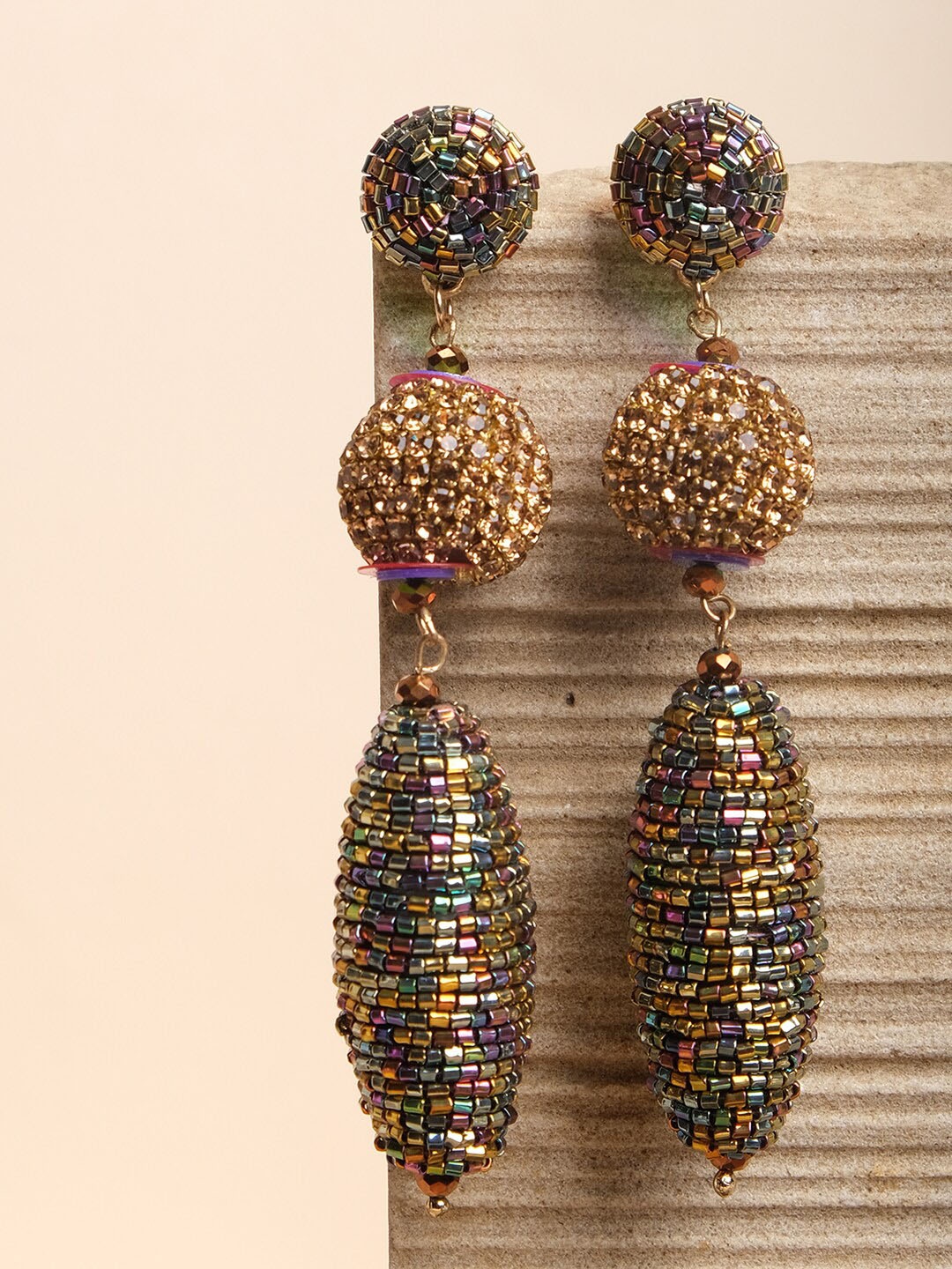 

XPNSV Gold-Plated Artificial Beads Studded Contemporary Drop Earrings