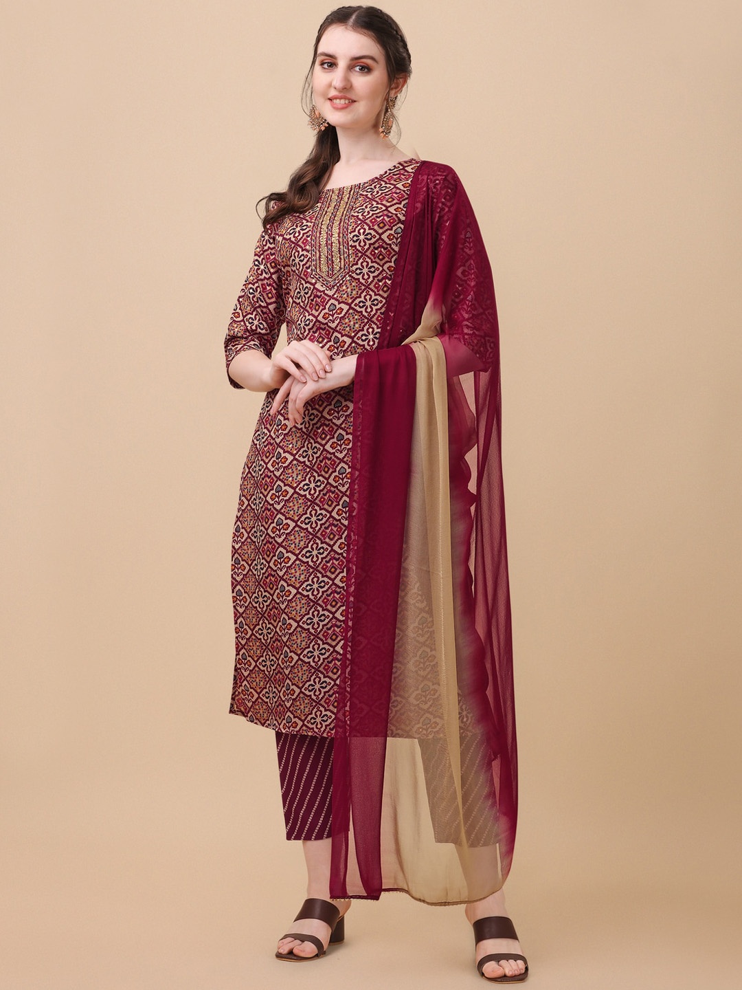 

KALINI Ethnic Motifs Printed Regular Kurta with Trousers & With Dupatta, Maroon