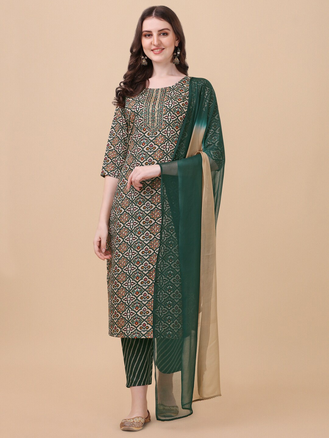 

KALINI Floral Printed Regular Kurta with Trousers & With Dupatta, Green