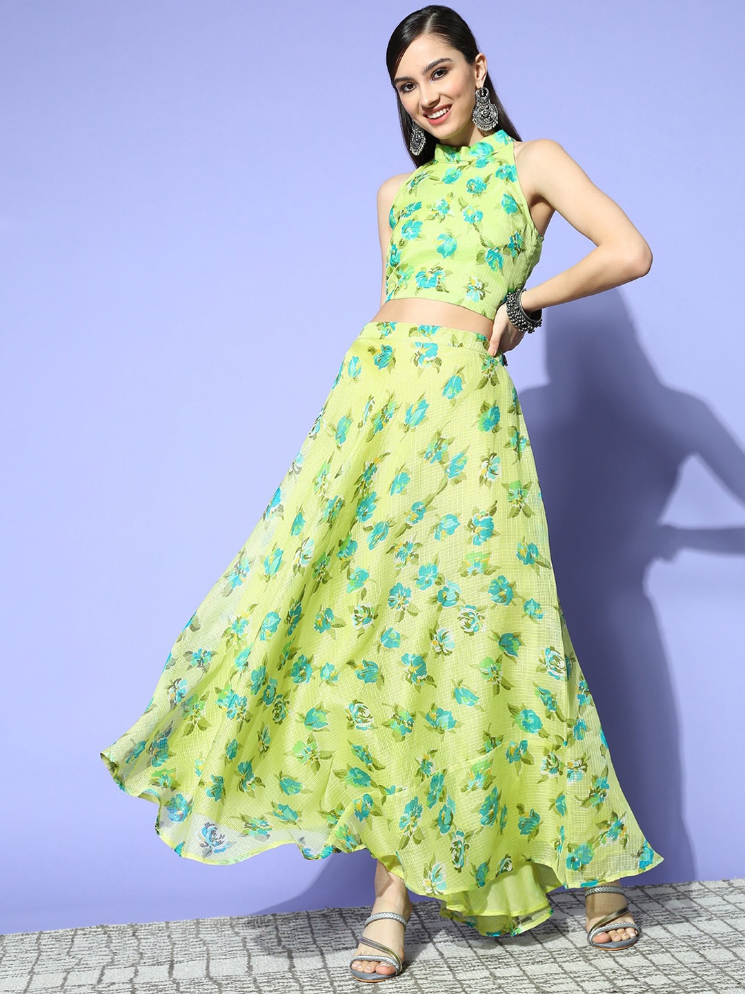 

Yufta Lime Green Floral Printed Halter Neck Pure Cotton Top With Skirt