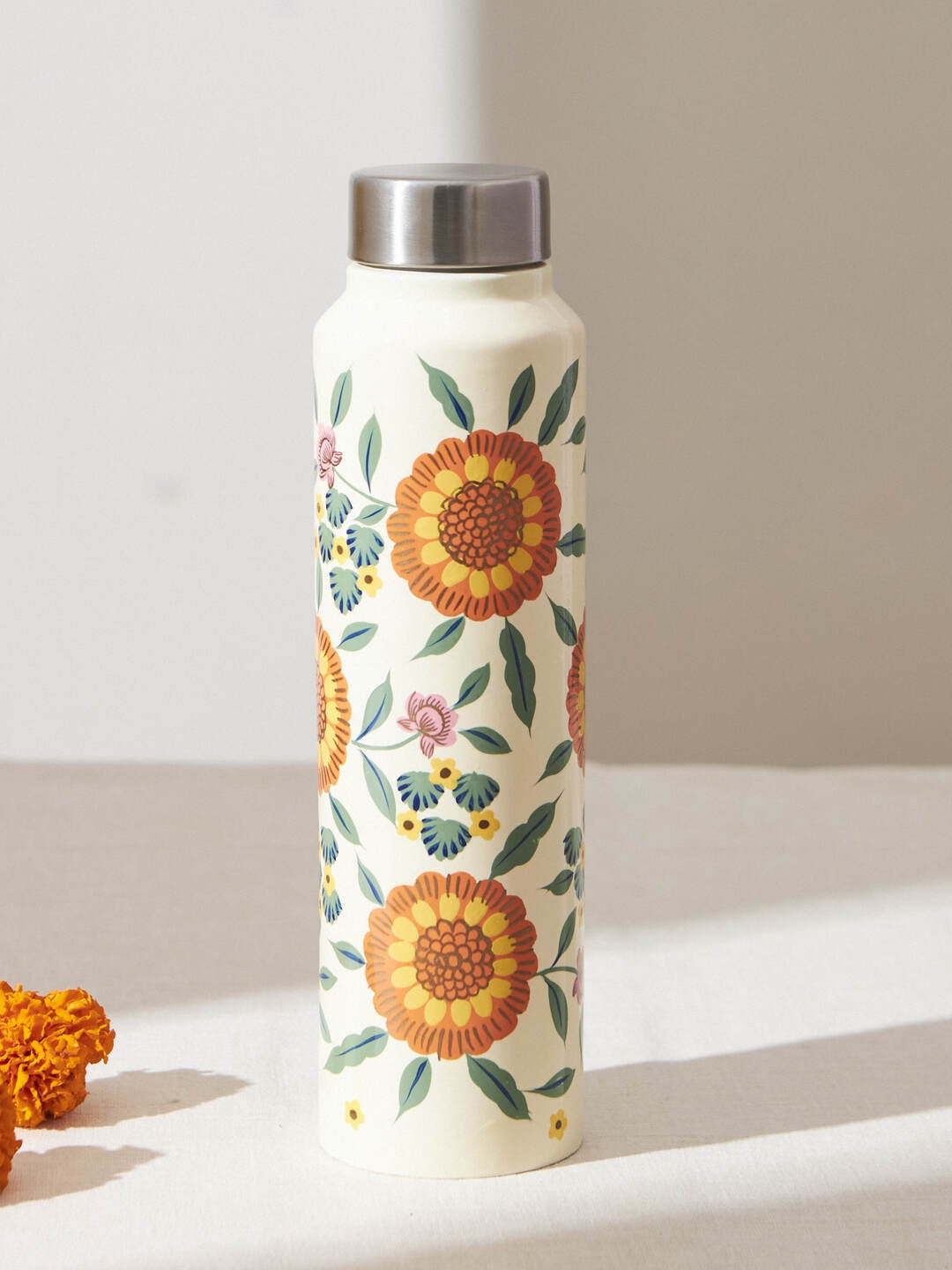 

Chumbak Marigold Off White Printed Stainless Steel Water Bottle