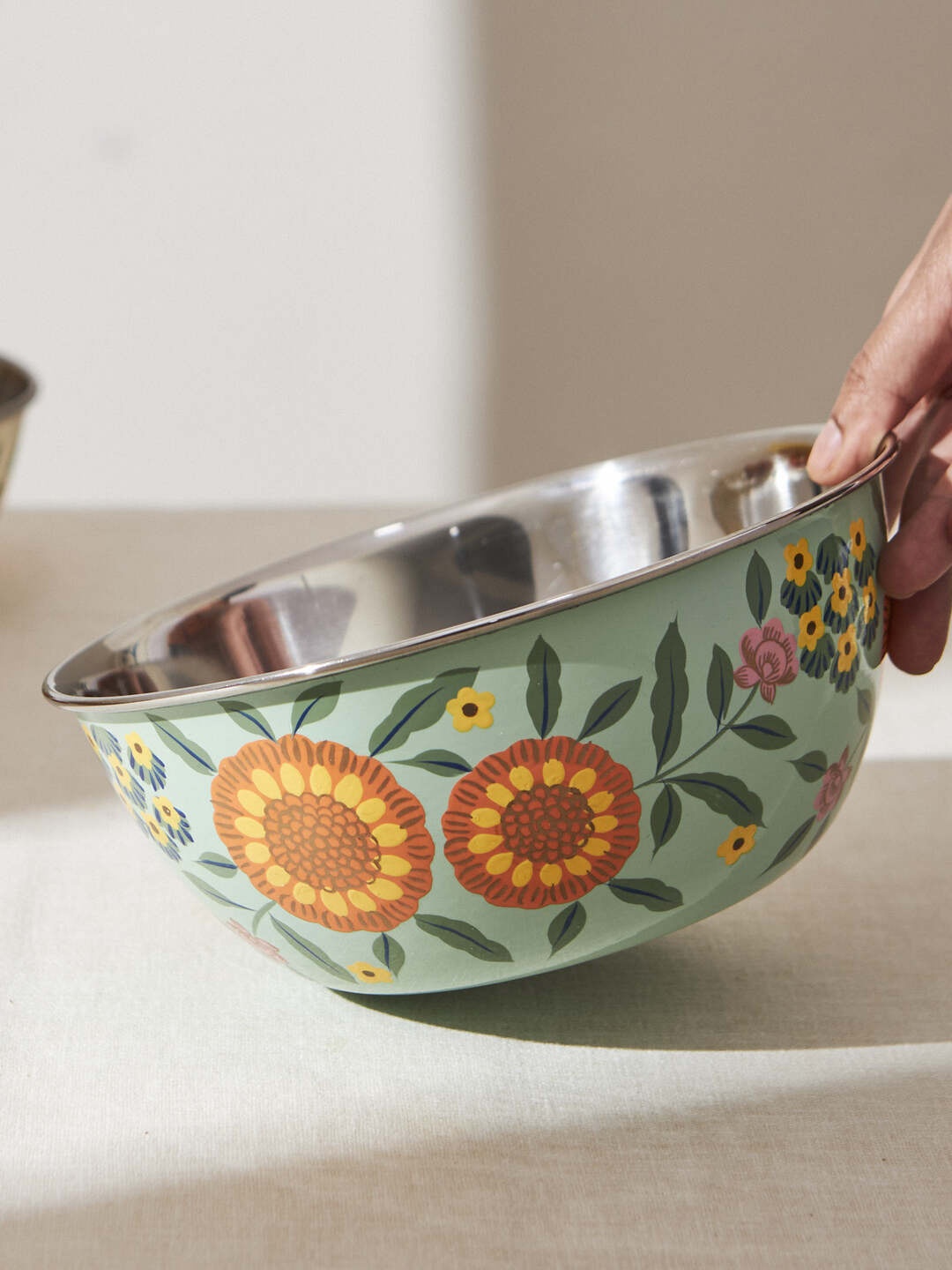 

Chumbak Marigold Teal Printed Stainless Steel Salad Bowl