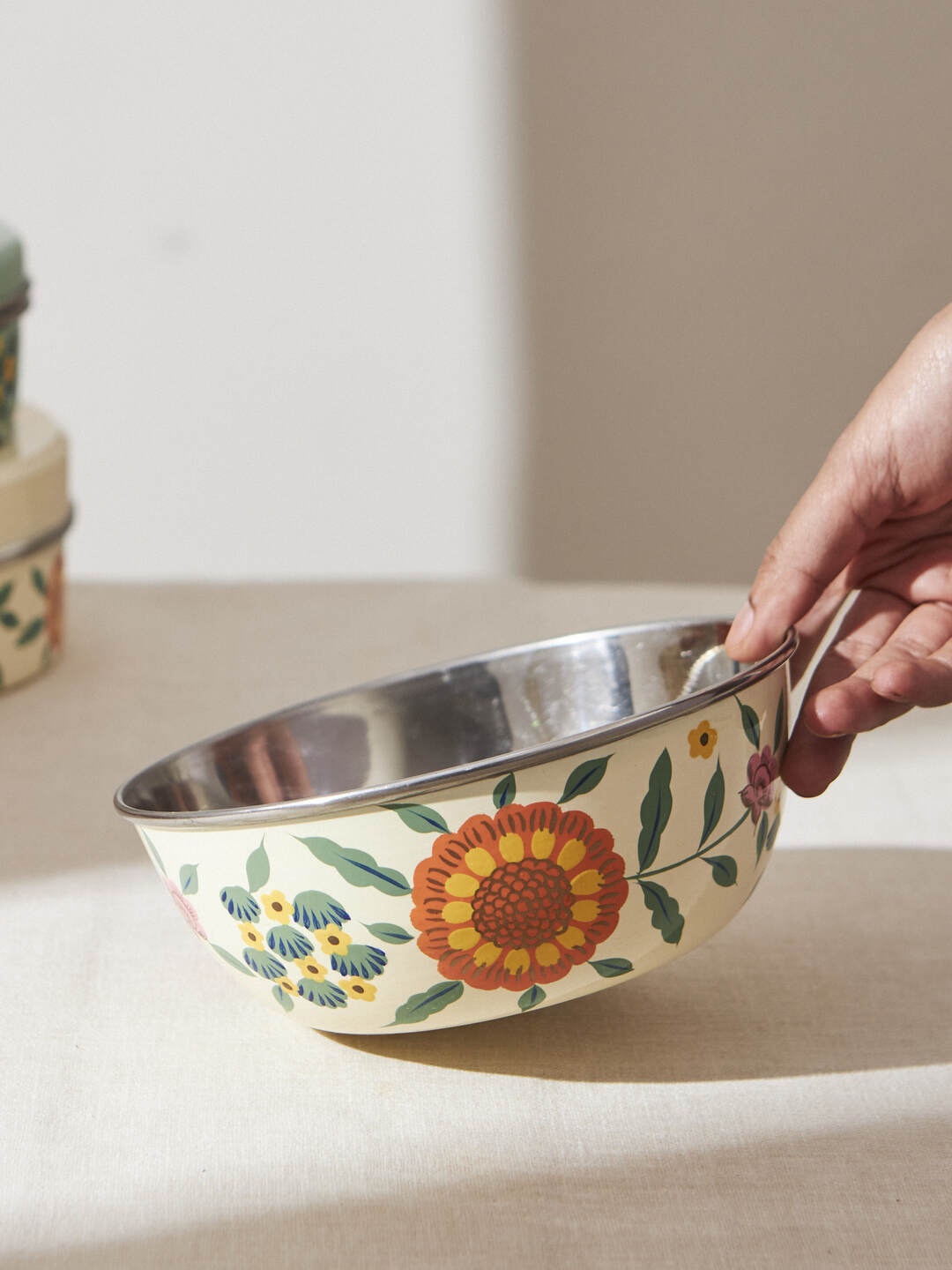 

Chumbak Marigold Off White Printed Stainless Steel Salad Bowl