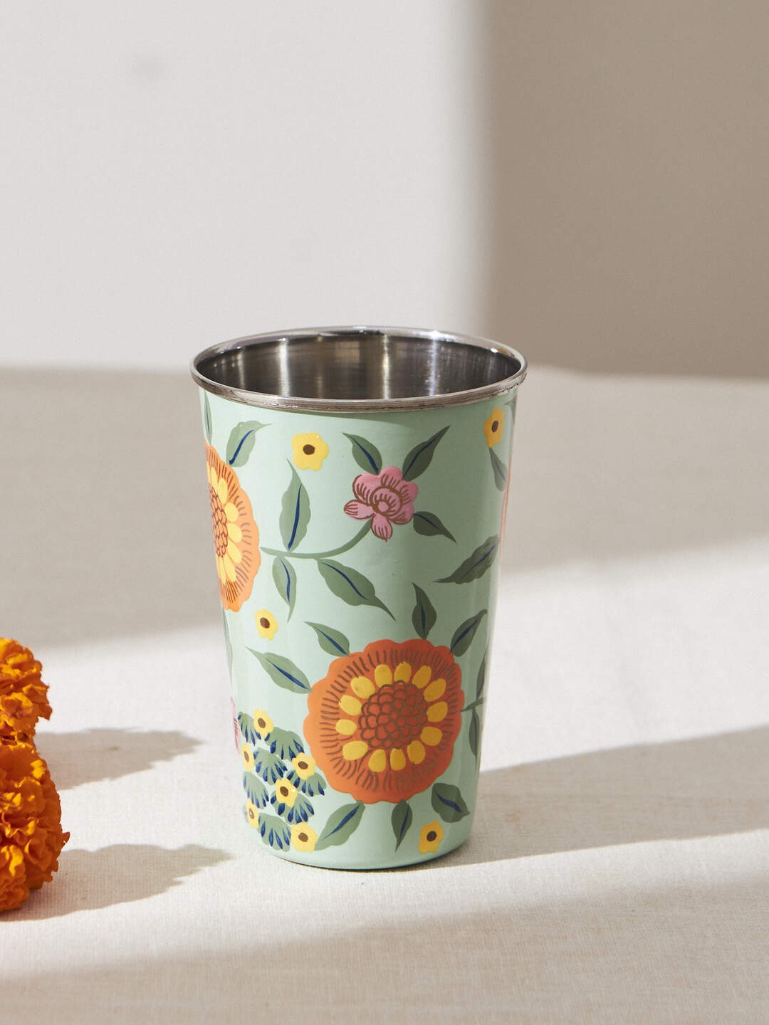 

Chumbak Marigold Teal Printed Stainless Steel Large Tumbler