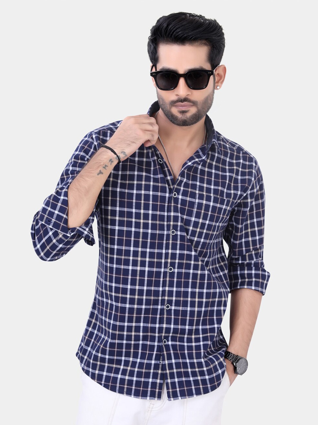 

VASTRADO Tartan Checked Cotton Casual Shirt, Navy blue