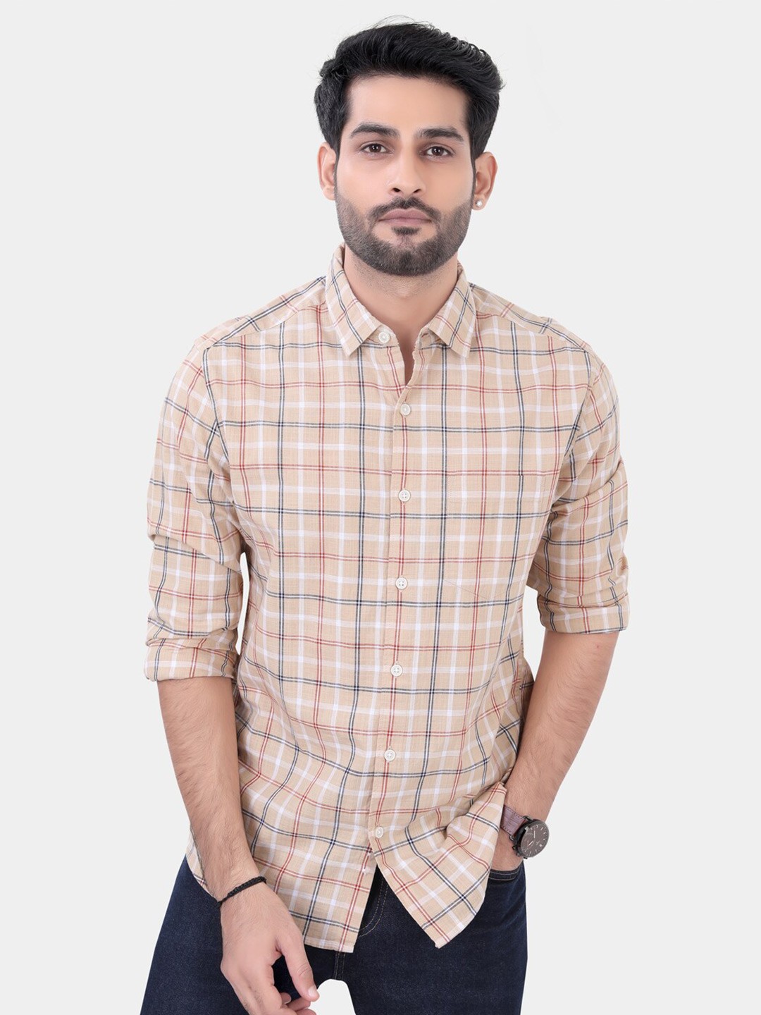 

VASTRADO Tartan Checked Cotton Casual Shirt, Beige