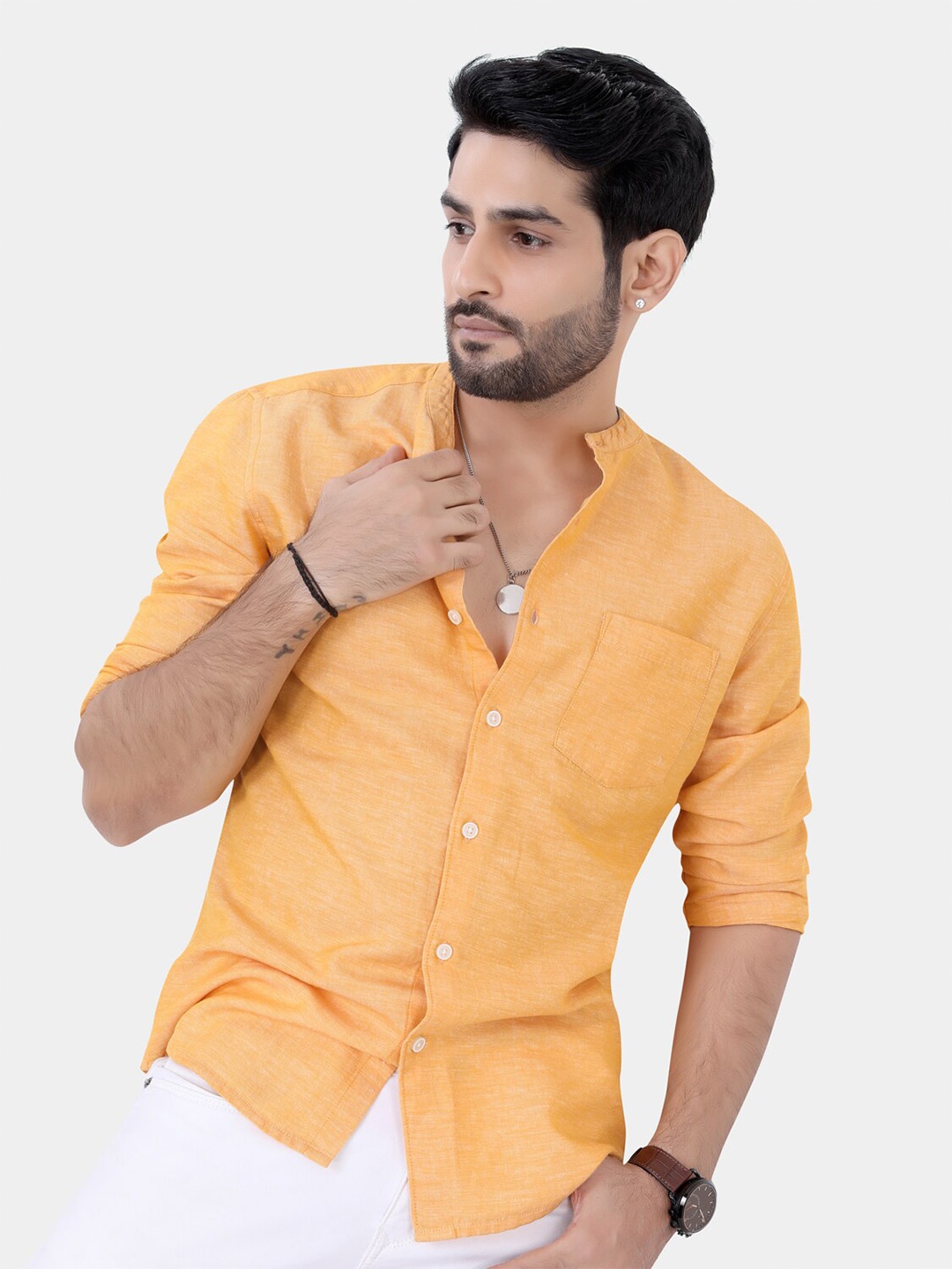 

VASTRADO Mandarin Collar Cotton Casual Shirt, Orange