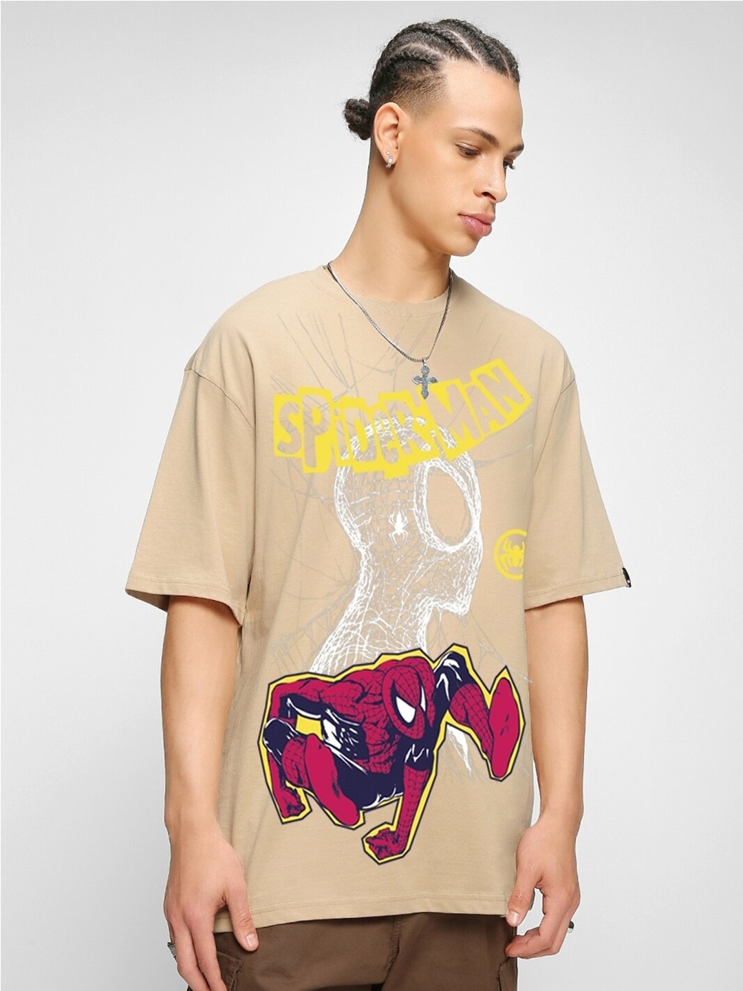 

Bewakoof Spider-Man Printed Drop-Shoulder Sleeves Oversized Cotton T-shirt, Brown