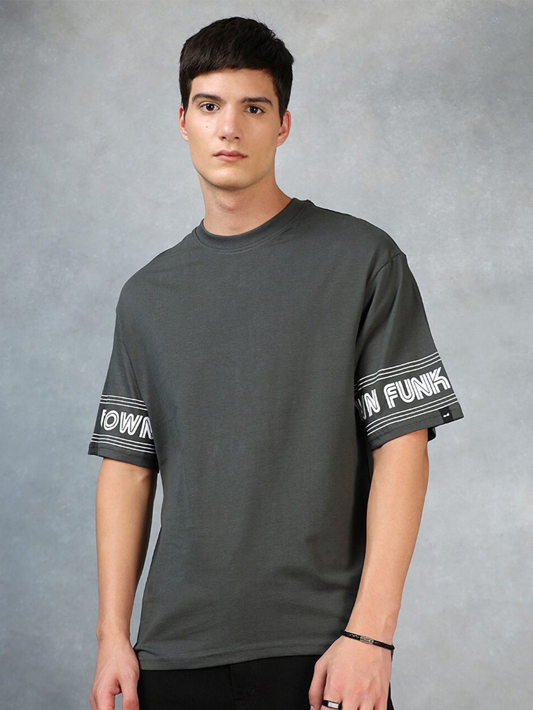 

Bewakoof Grey Typography Printed Drop-Shoulder Oversized Cotton T-shirt
