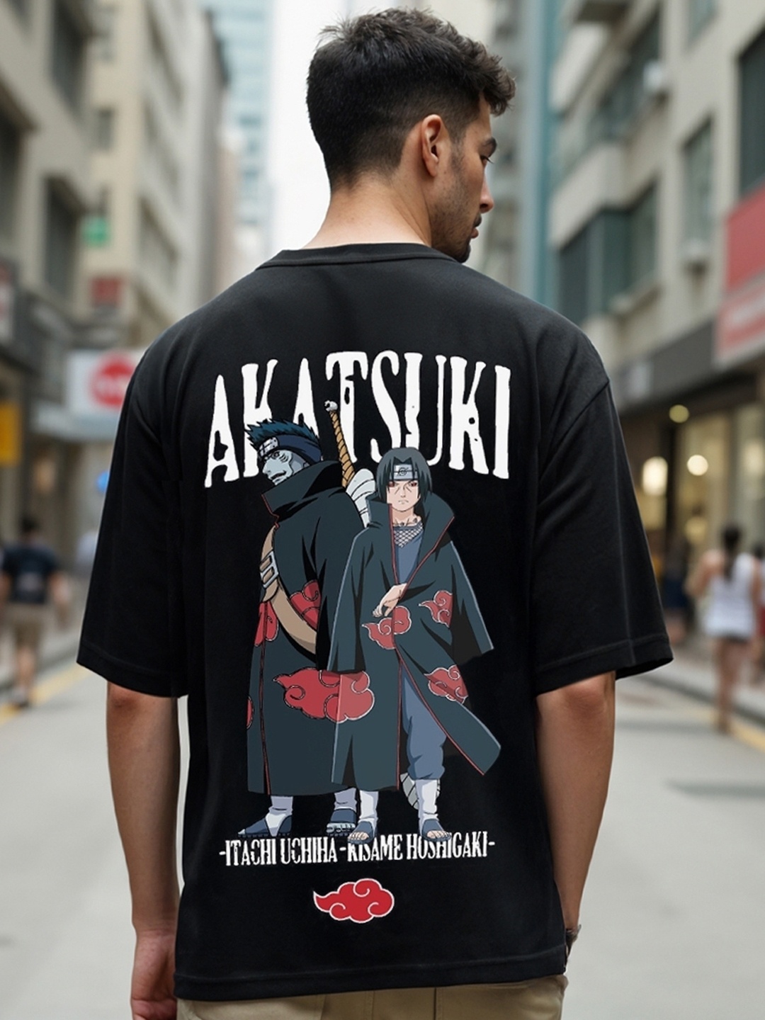 

Bewakoof Black Akatsuki Duo Printed Printed Drop-Shoulder Oversized Cotton T-shirt
