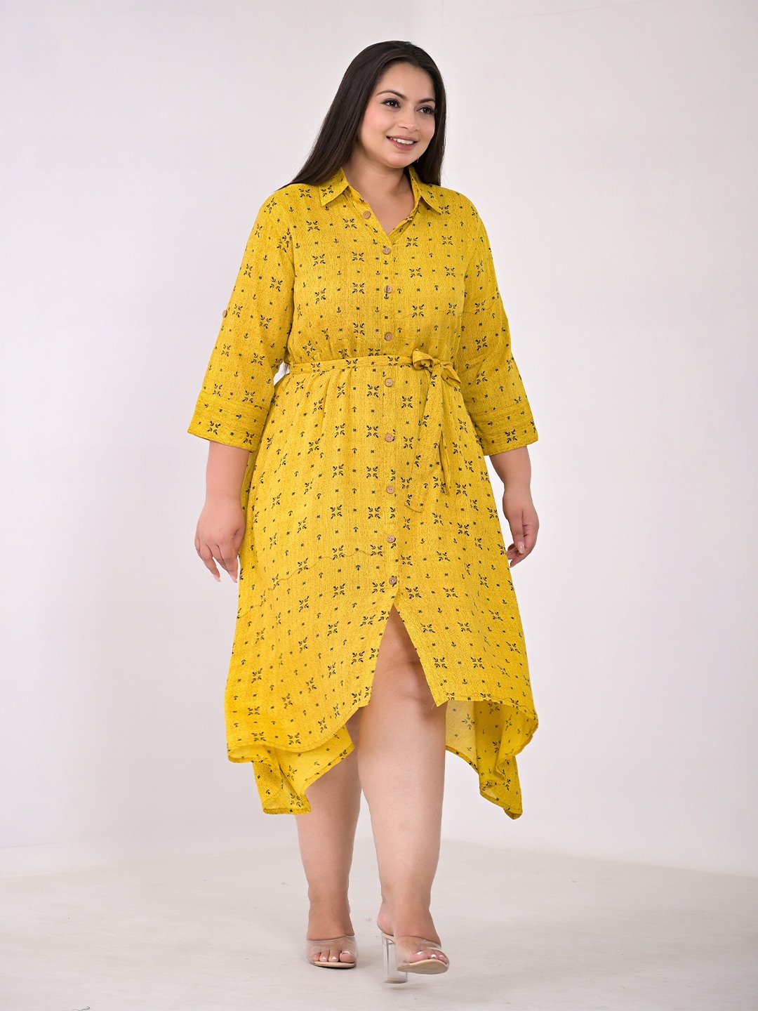 

Girly Girls Plus Size Ethnic Motifs Printed A-Line Midi Dress, Yellow