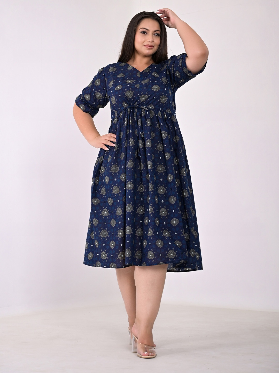 

Girly Girls Plus Size Ethnic Motifs Printed Gathered Cotton Fit & Flare Midi Dress, Navy blue