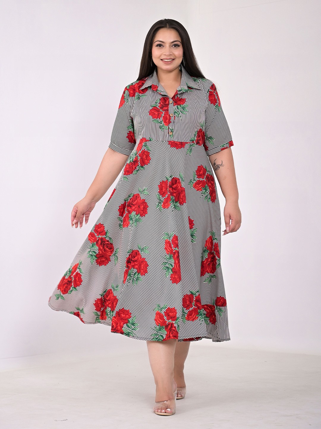 

Girly Girls Plus Size Floral Printed Crepe Fit & Flare Midi Dress, Grey