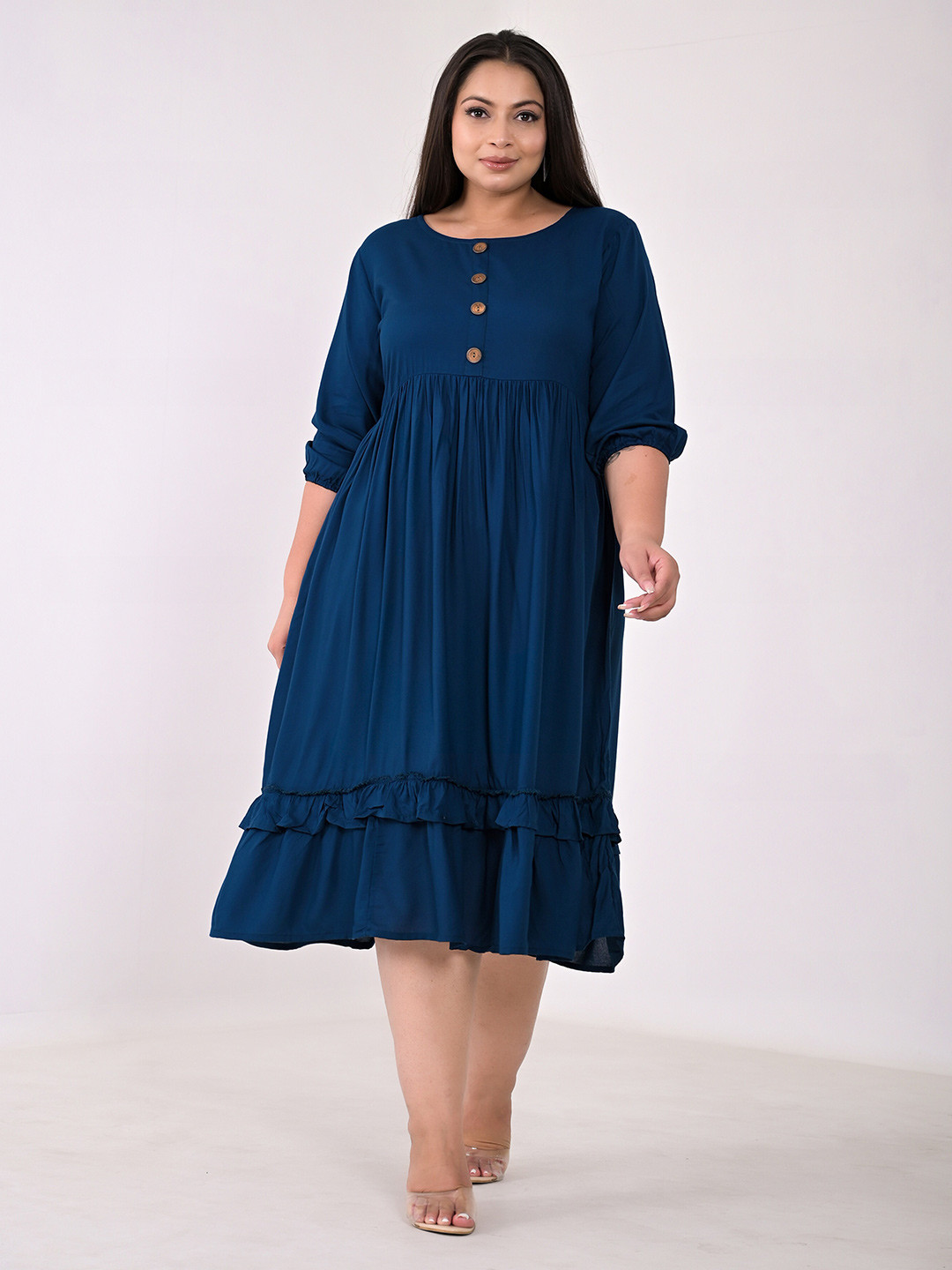 

Girly Girls Plus Size Round Neck Gathered Fit & Flare Midi Dress, Navy blue
