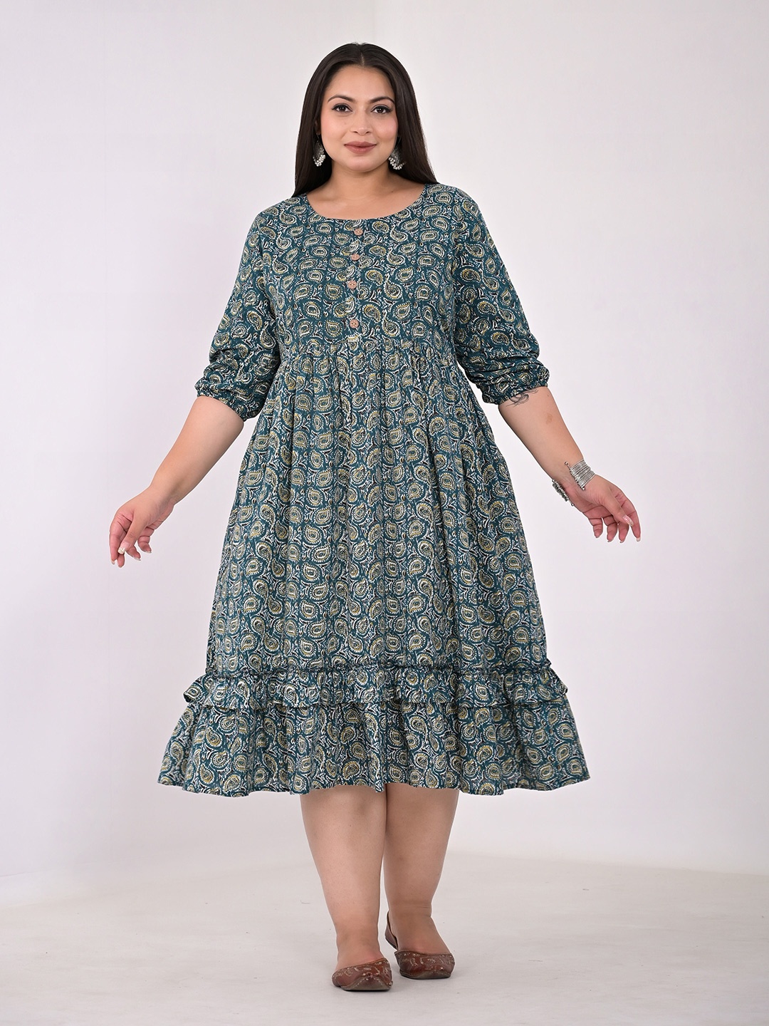 

Girly Girls Plus Size Ethnic Motifs Printed Cotton A-Line Midi Dress, Teal