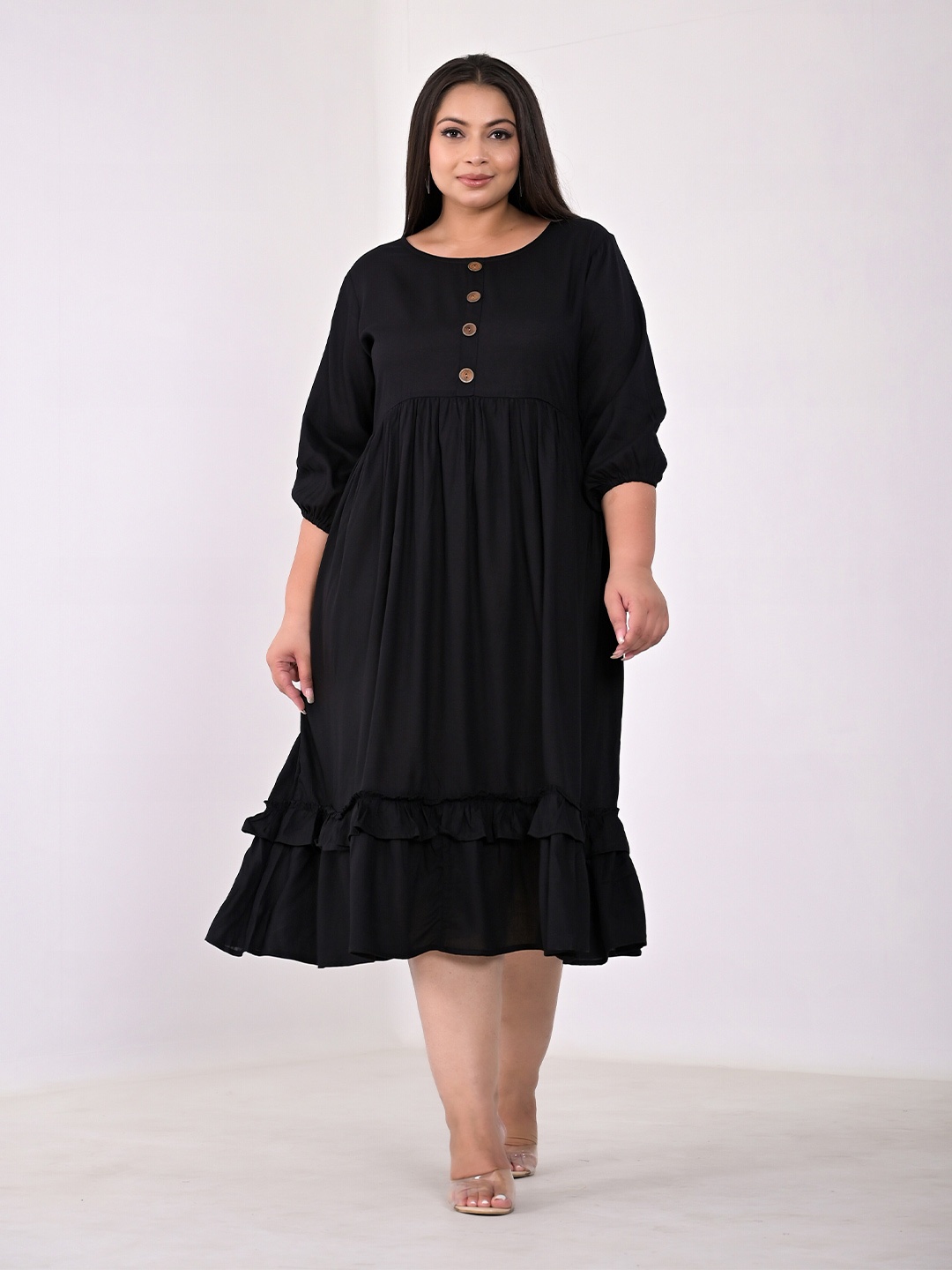 

Girly Girls Plus Size Round Neck Gathered Fit & Flare Midi Dress, Black