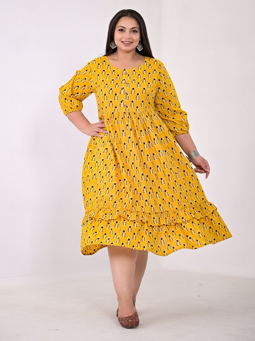 

Girly Girls Plus Size Ethnic Motif Printed A-Line Midi Dress, Yellow