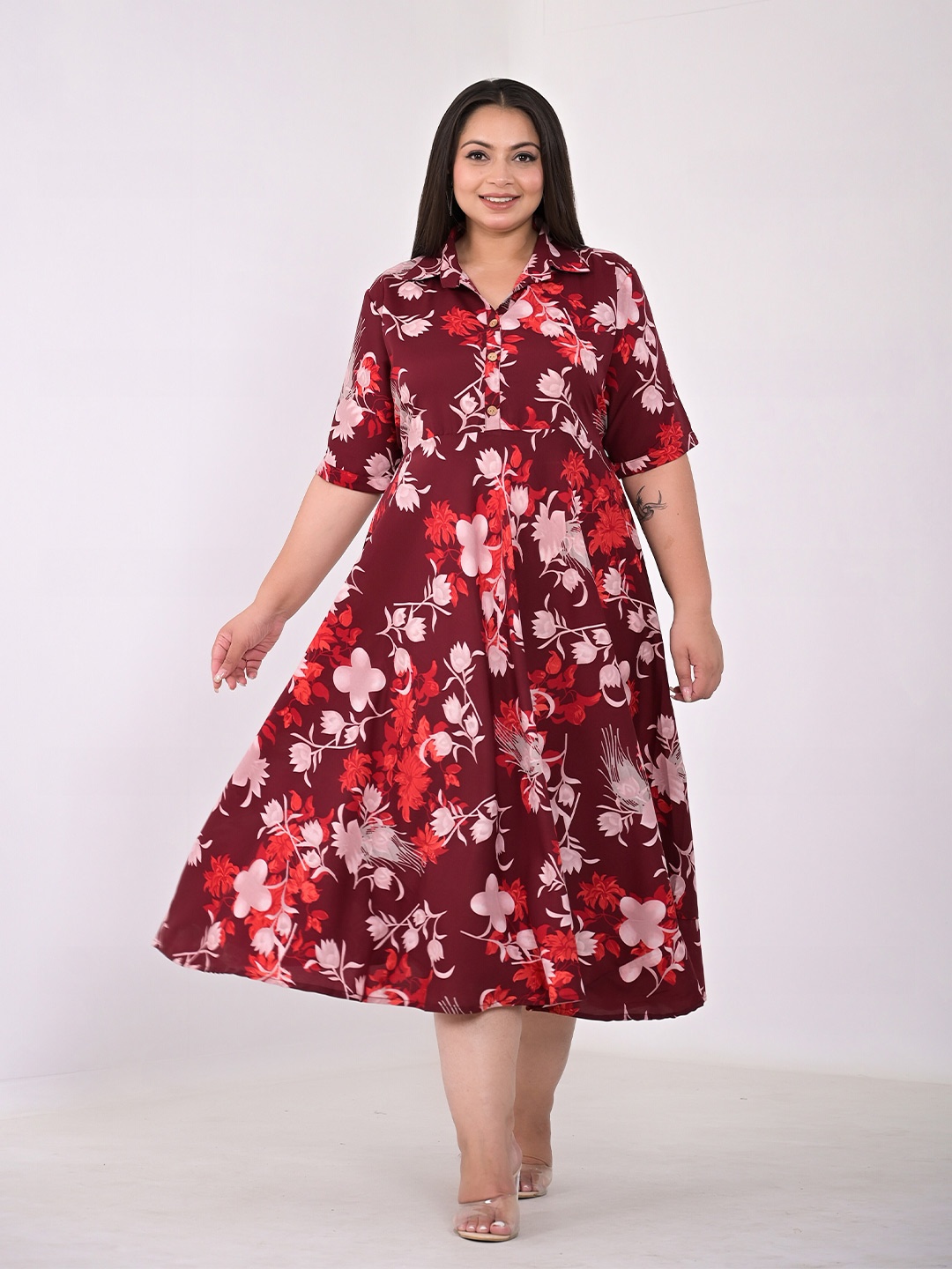 

Girly Girls Plus Size Floral Printed A-Line Midi Dress, Maroon