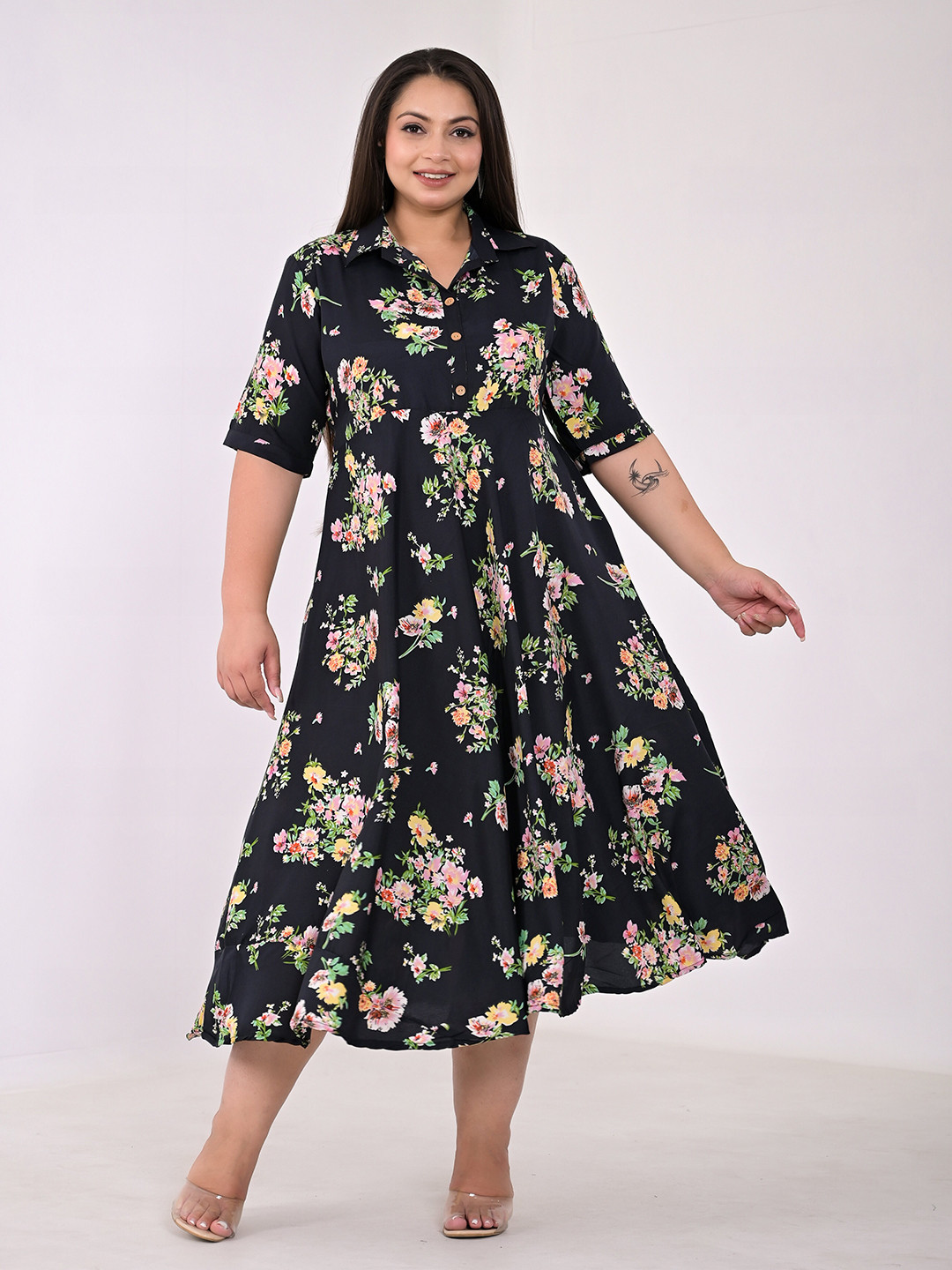

Girly Girls Plus Size Floral Printed A-Line Midi Dress, Black
