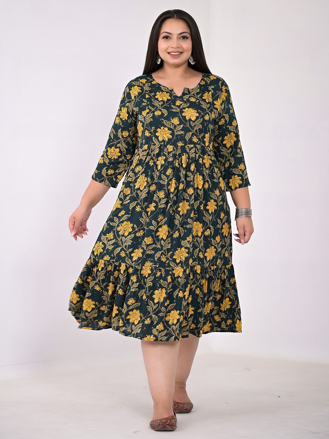 

Girly Girls Plus Size Floral Printed Cotton A-Line Midi Dress, Green
