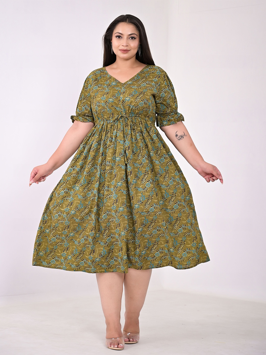 Girly Girls Plus Size Floral Printed Fit & Flare Cotton Midi Dress, Green