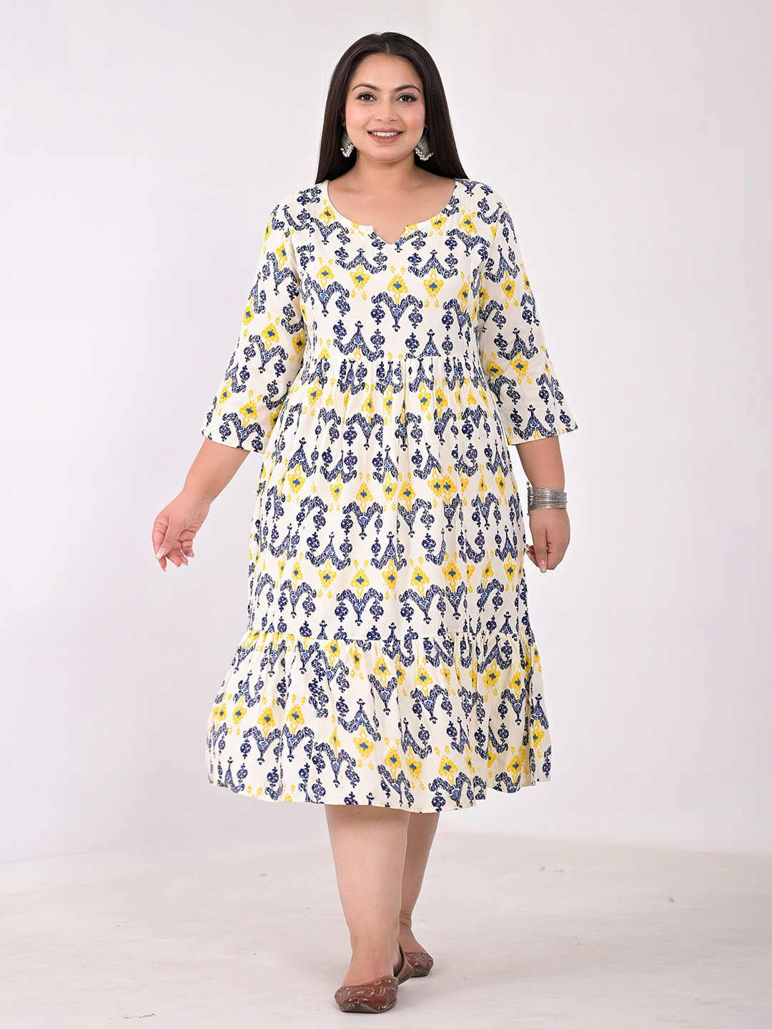 

Girly Girls Plus Size Ethnic Motifs Printed A-Line Midi Dress, White