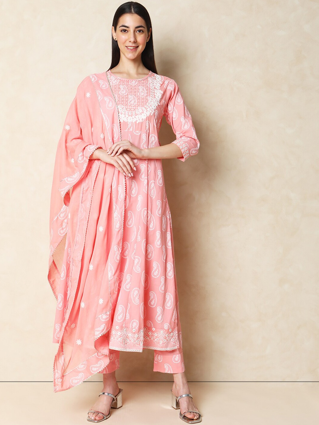 

Indifusion Paisley Printed Anarkali Kurta With Trousers & Dupatta, Pink