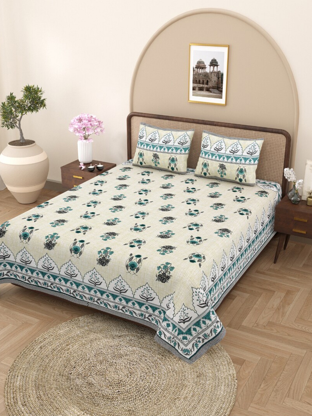 

EasyGoods Gulmohar Sea Green Floral Cotton 210 TC King Bedsheet & 2 Pillow Covers