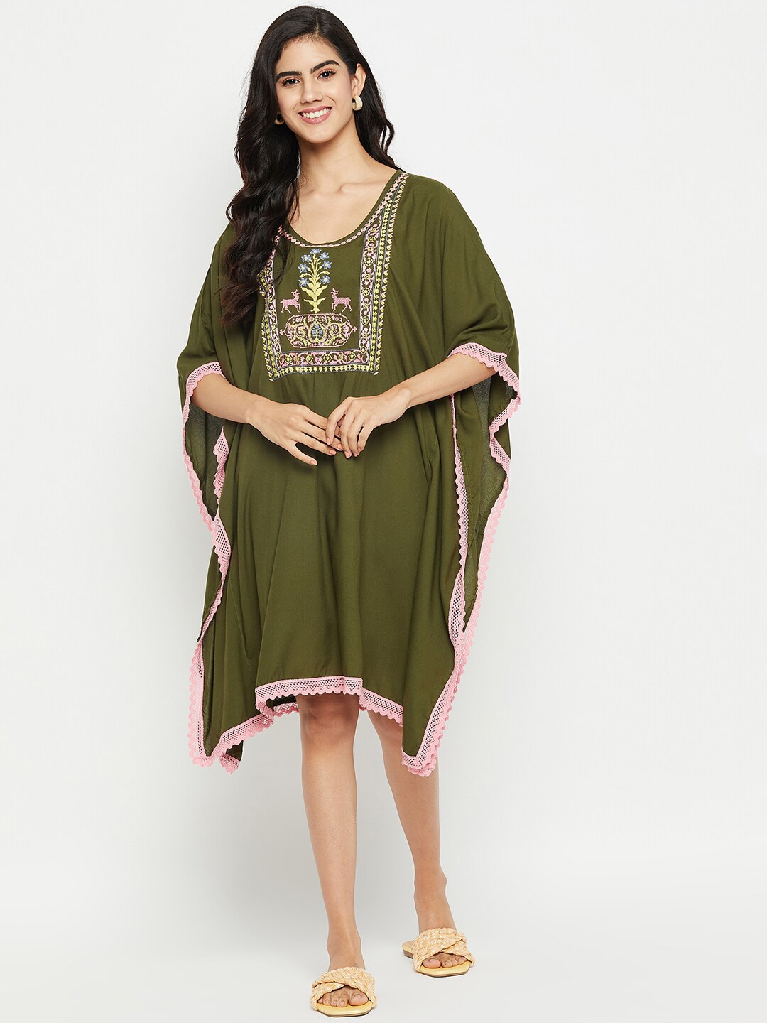 

BAESD Ethnic Motifs Embroidered Flared Sleeves Lace Kaftan Dress, Green