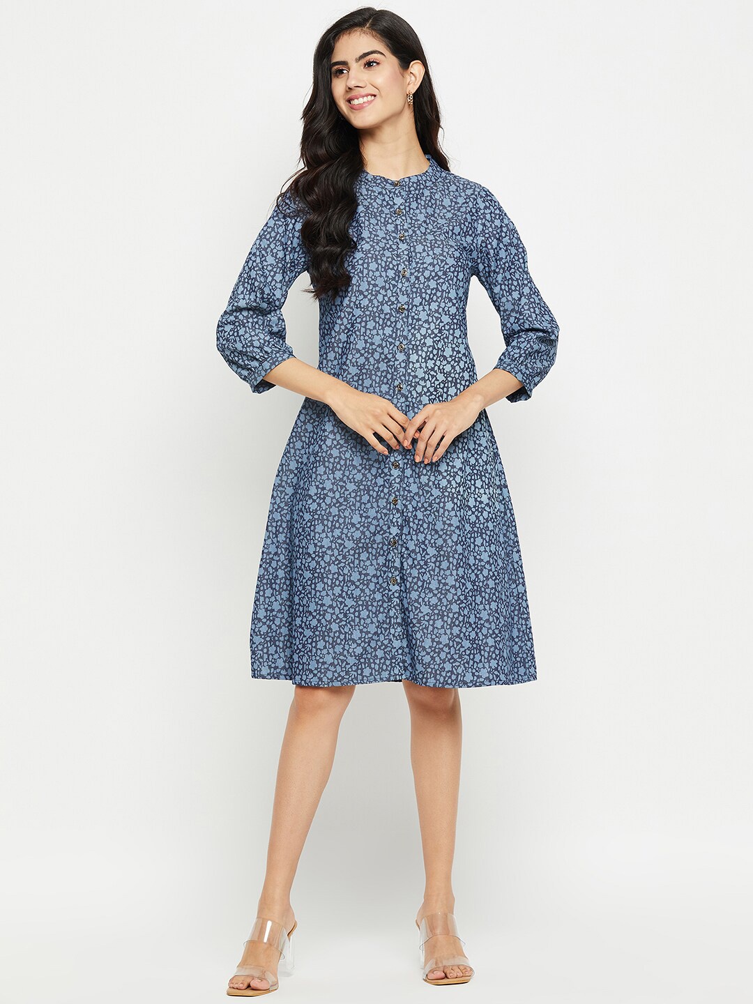 

BAESD Geometric Printed Band Collar Denim A-Line Dress, Blue