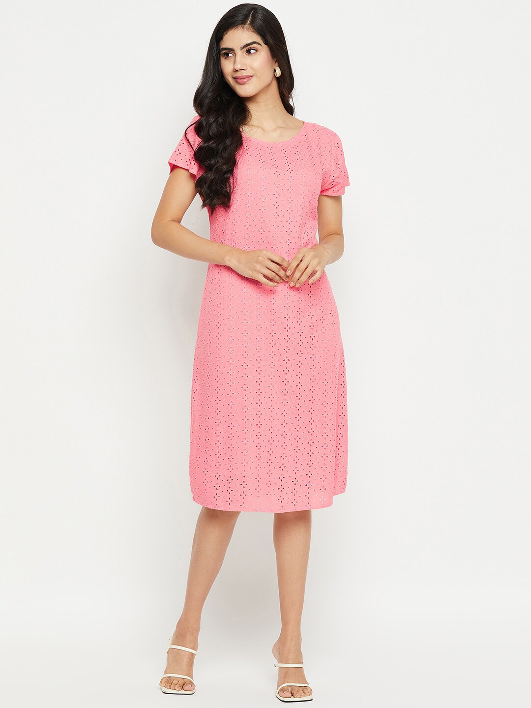 

BAESD Self Design Short Sleeves Schiffli Sheath Dress, Peach