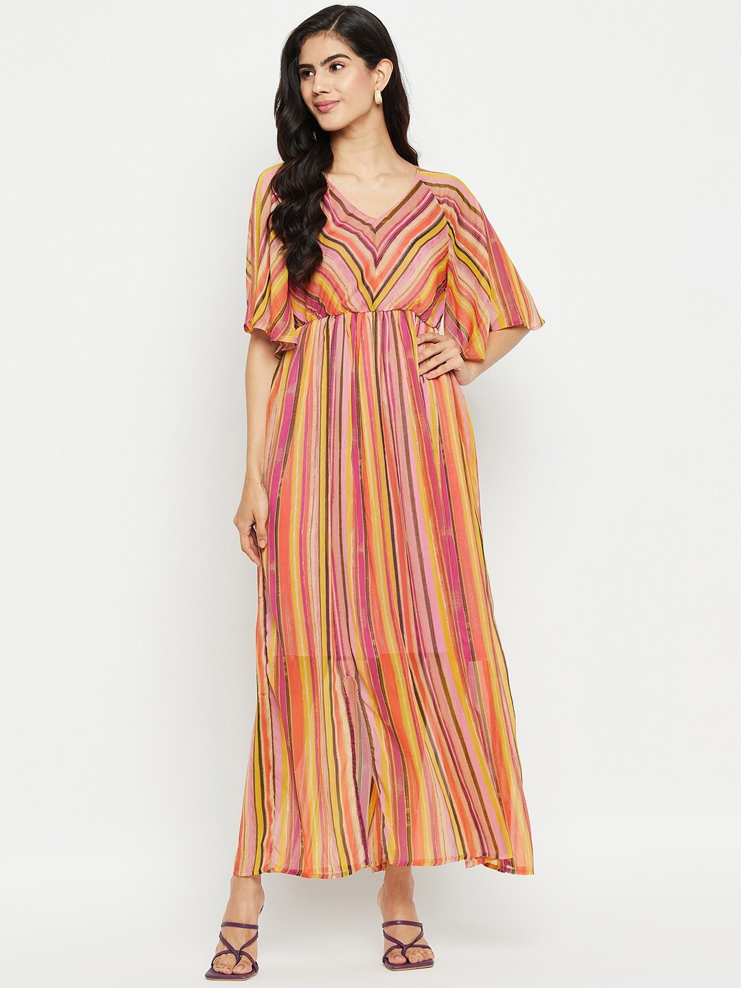 

BAESD Striped V Neck Extended Sleeves Maxi Dress, Orange