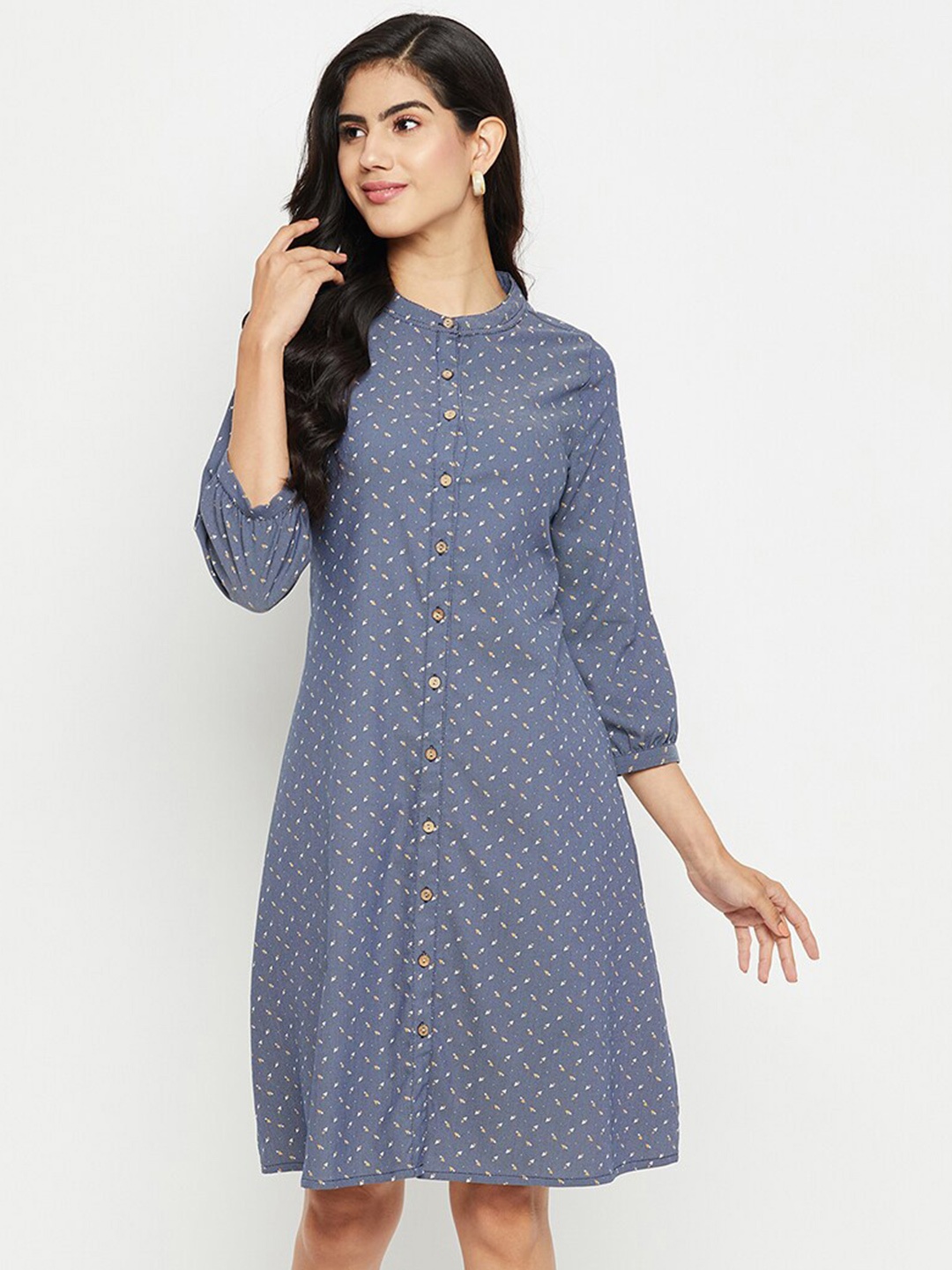 

BAESD Blue Geometric Printed Denim A-Line Dress