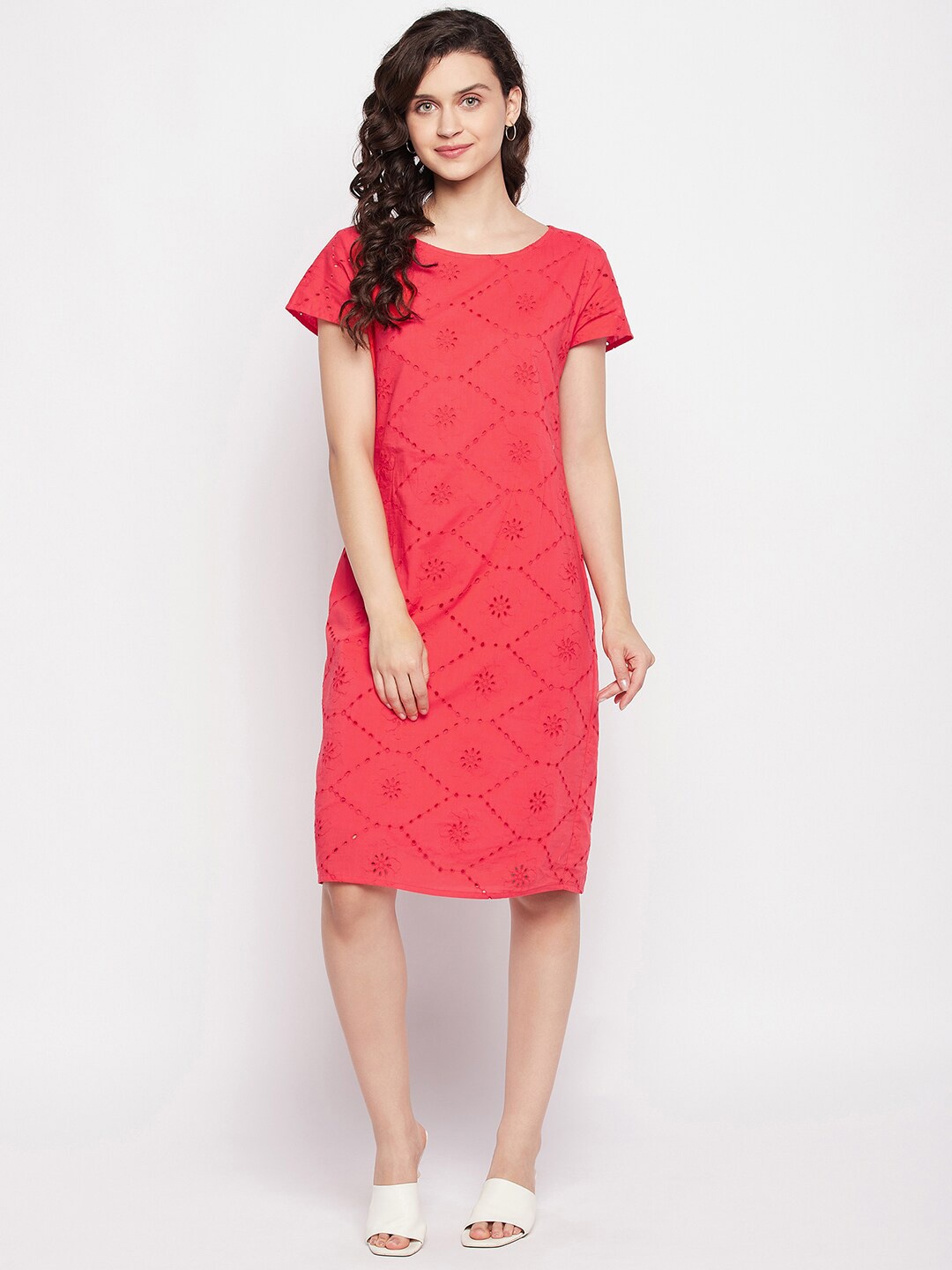 

BAESD Self Design Short Sleeves Schiffli Sheath Dress, Red