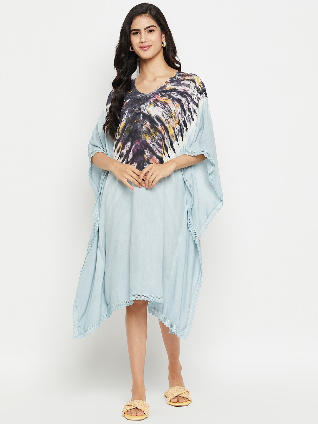 

BAESD Tie & Dye Dyed V-Neck Flared Sleeves Kaftan Dress, Grey