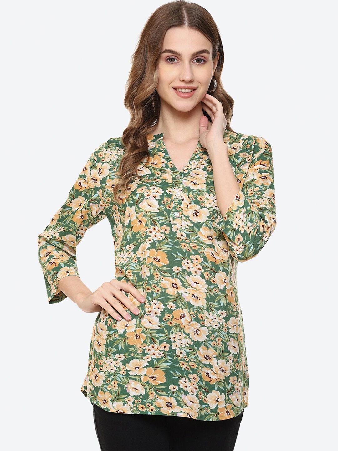 

2Bme Floral Printed Mandarin Collar Tunic, Green