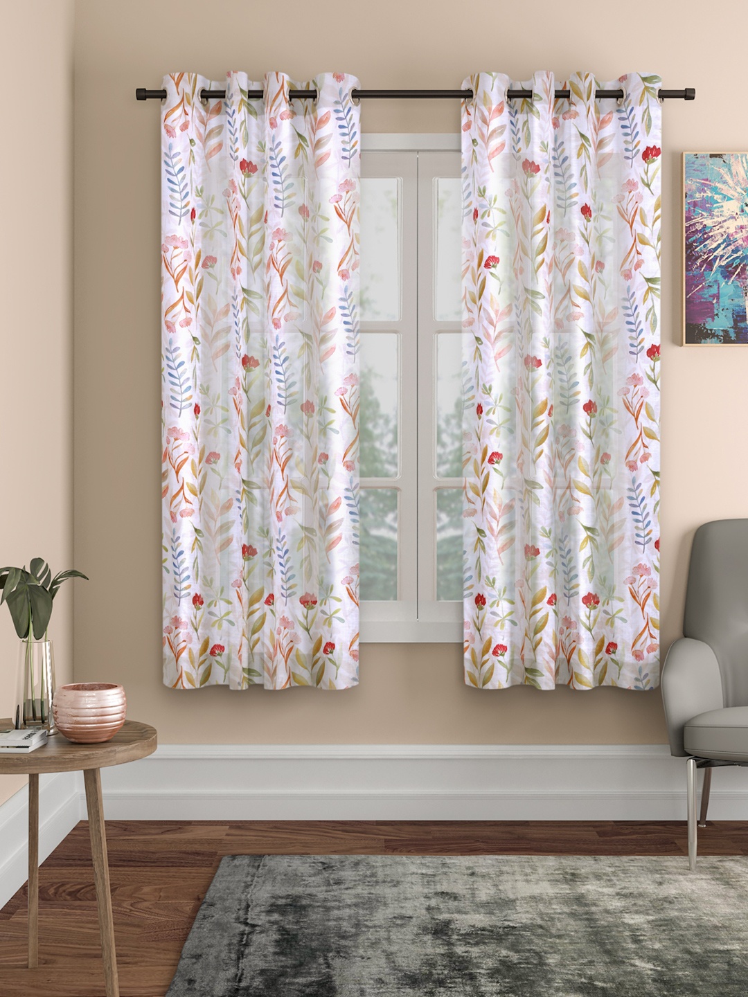 

ROSARA HOME White & Green 2 Pieces Floral Sheer Window Curtains