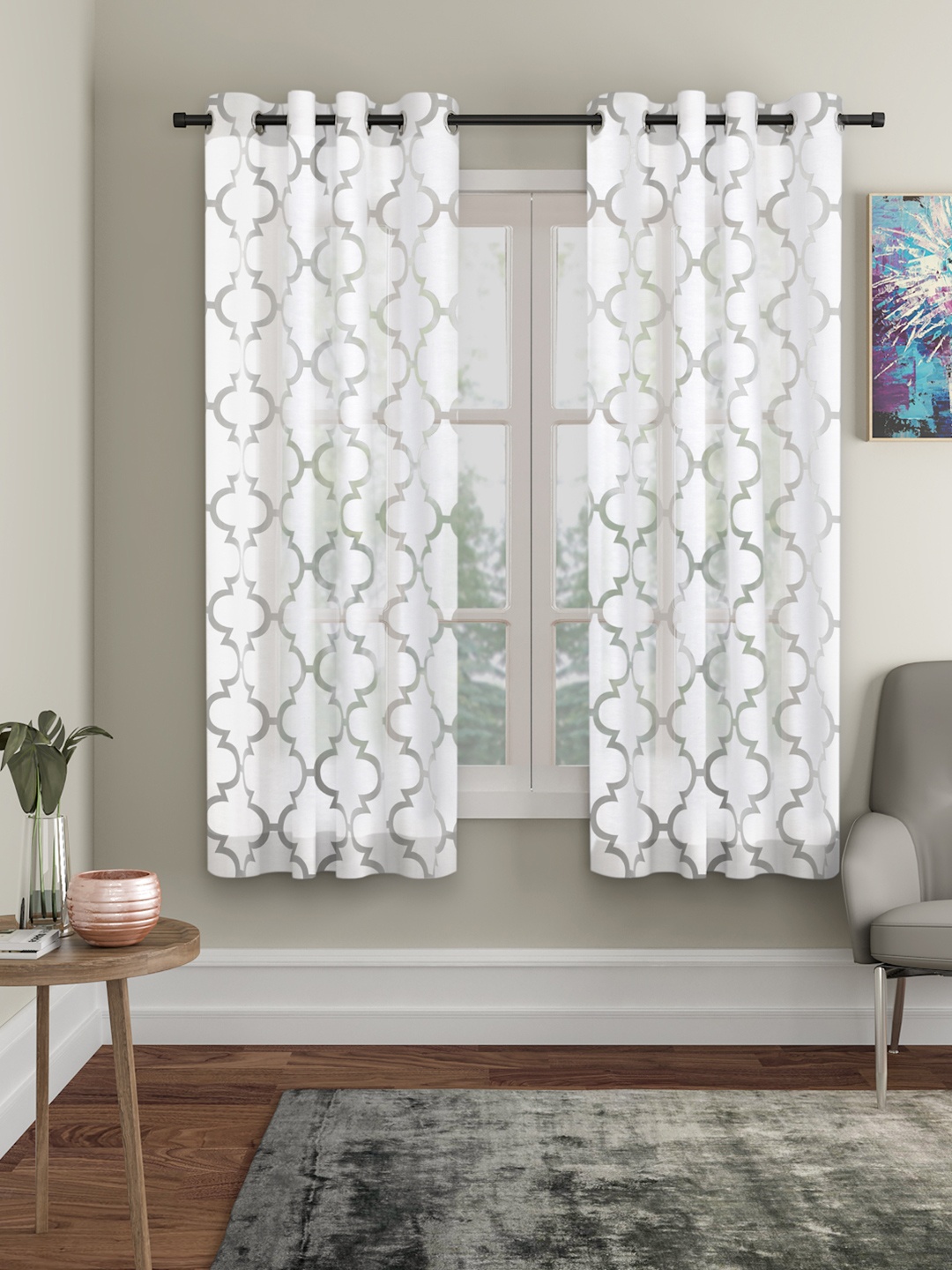 

ROSARA HOME White 2 Pieces Geometric Printed Sheer Window Curtains