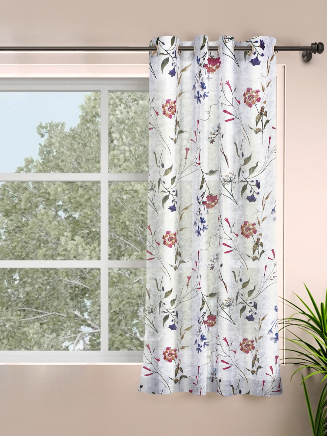 

ROSARA HOME Chanderi White & Green Floral Sheer Window Curtain