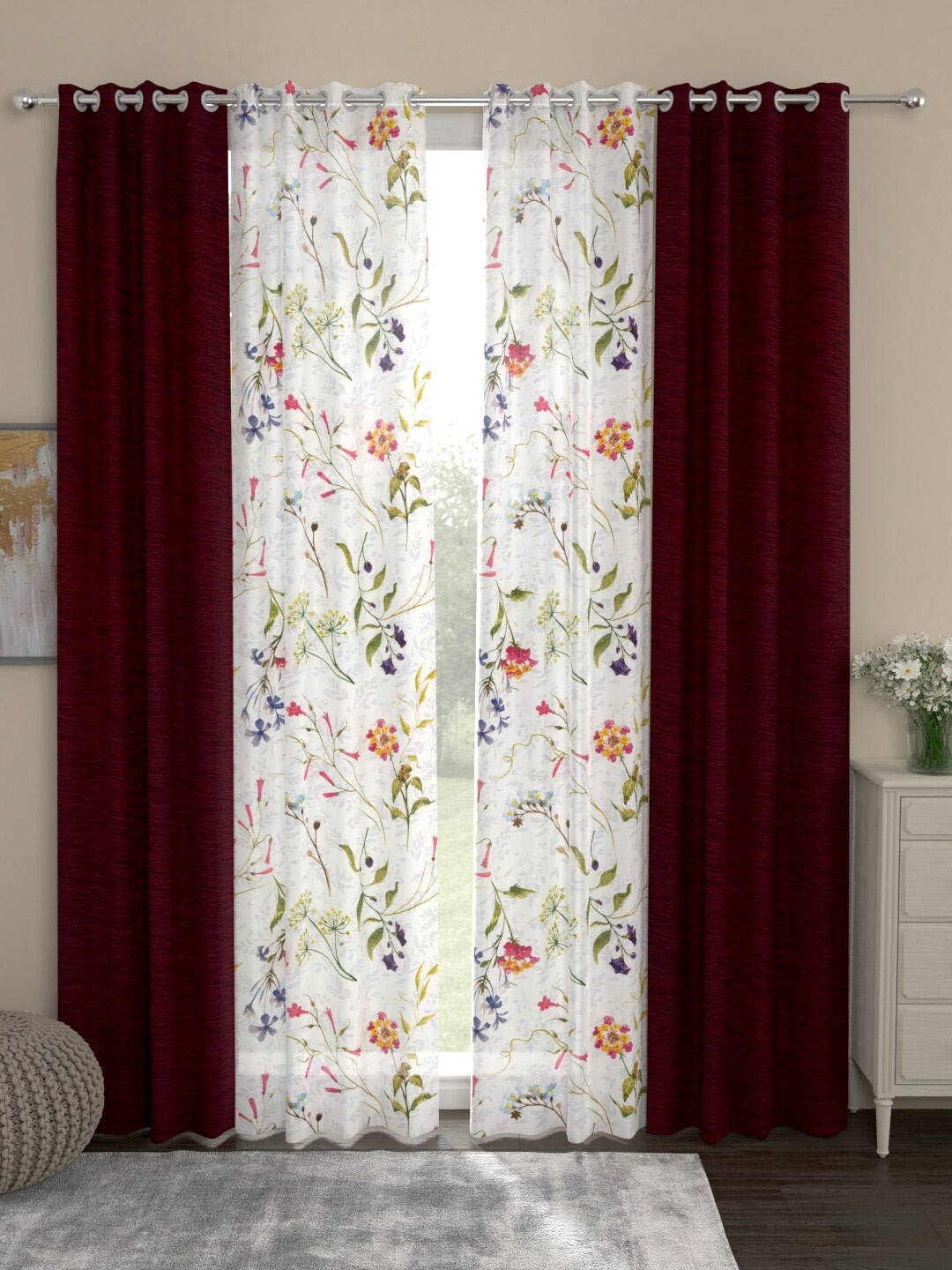

ROSARA HOME Mateo Voile White & Red 4 Pieces Floral Regular And Sheer Door Curtains