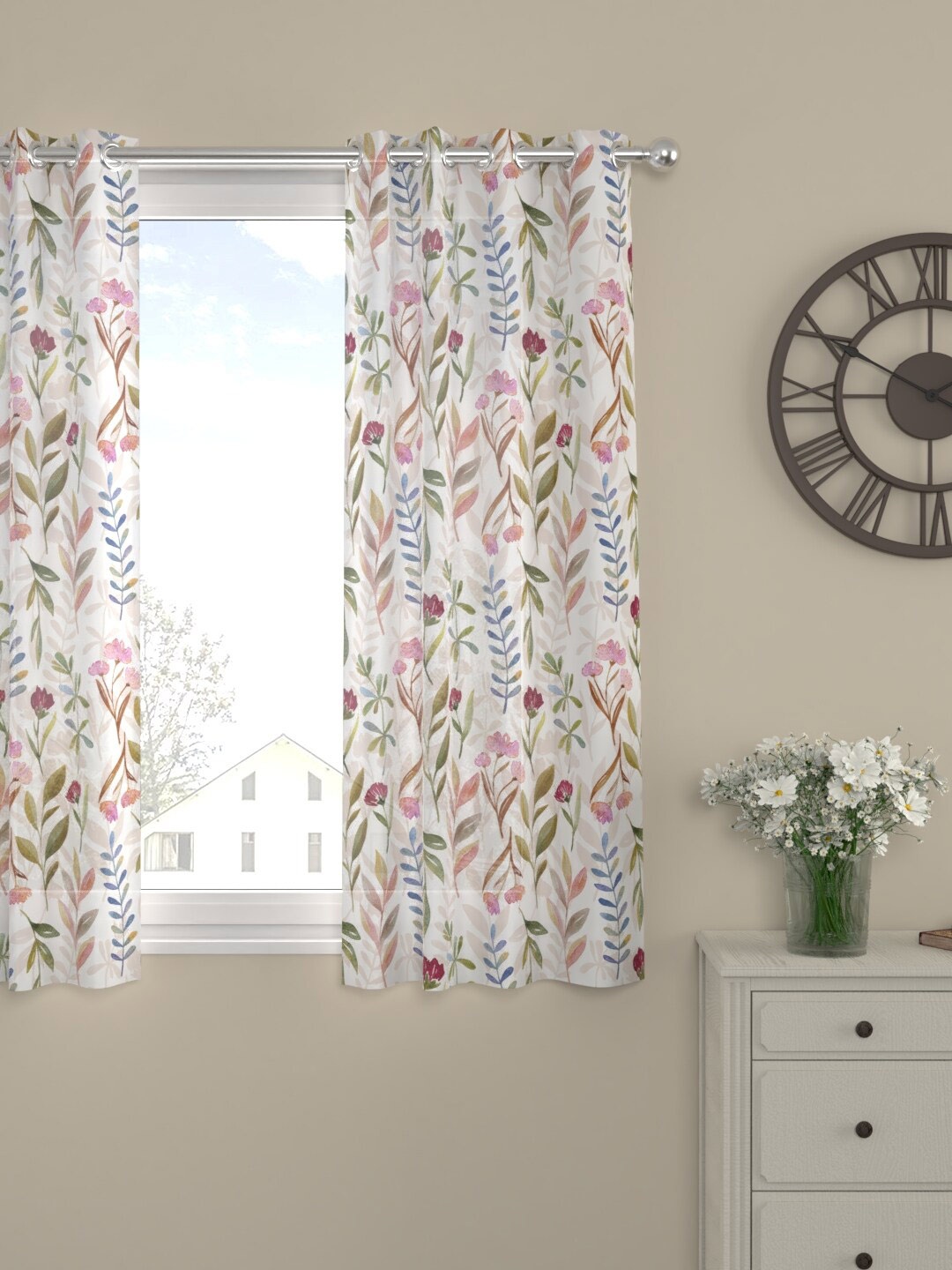 

ROSARA HOME Chanderi White & Pink Floral Sheer Window Curtain