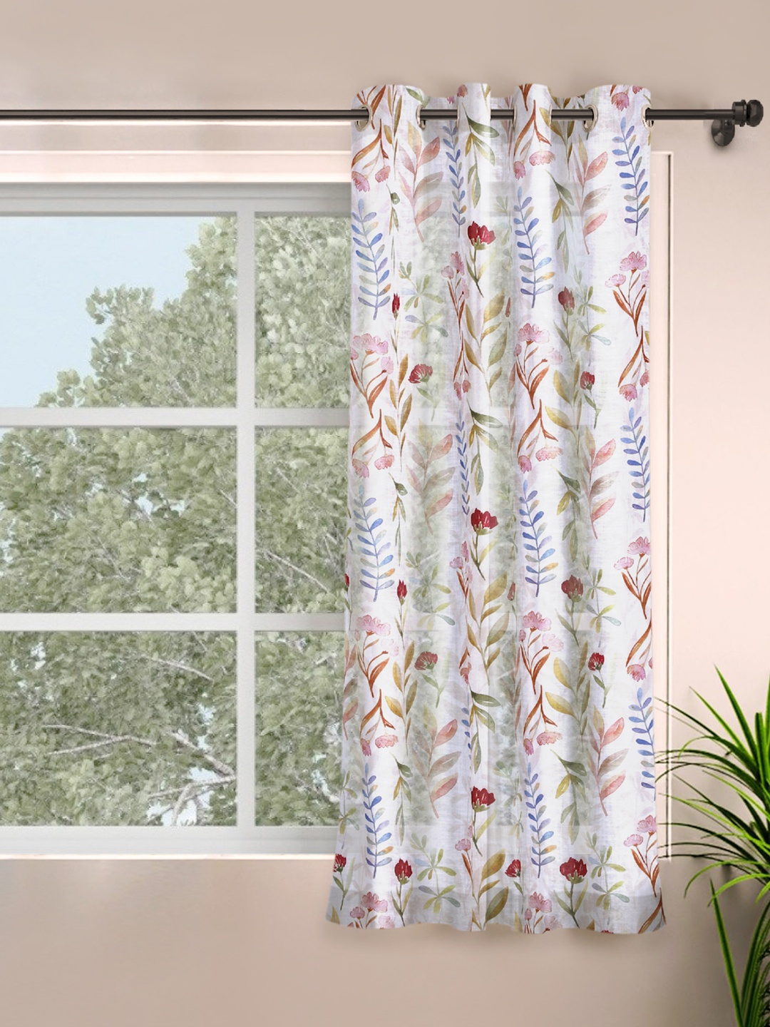 

ROSARA HOME Chanderi White & Pink Floral Sheer Window Curtain