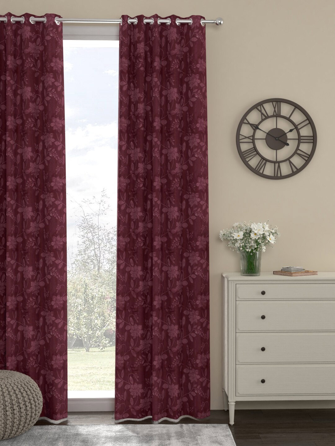 

ROSARA HOME Olivia Dyed Maroon Floral Jacquard Regular Door Curtain