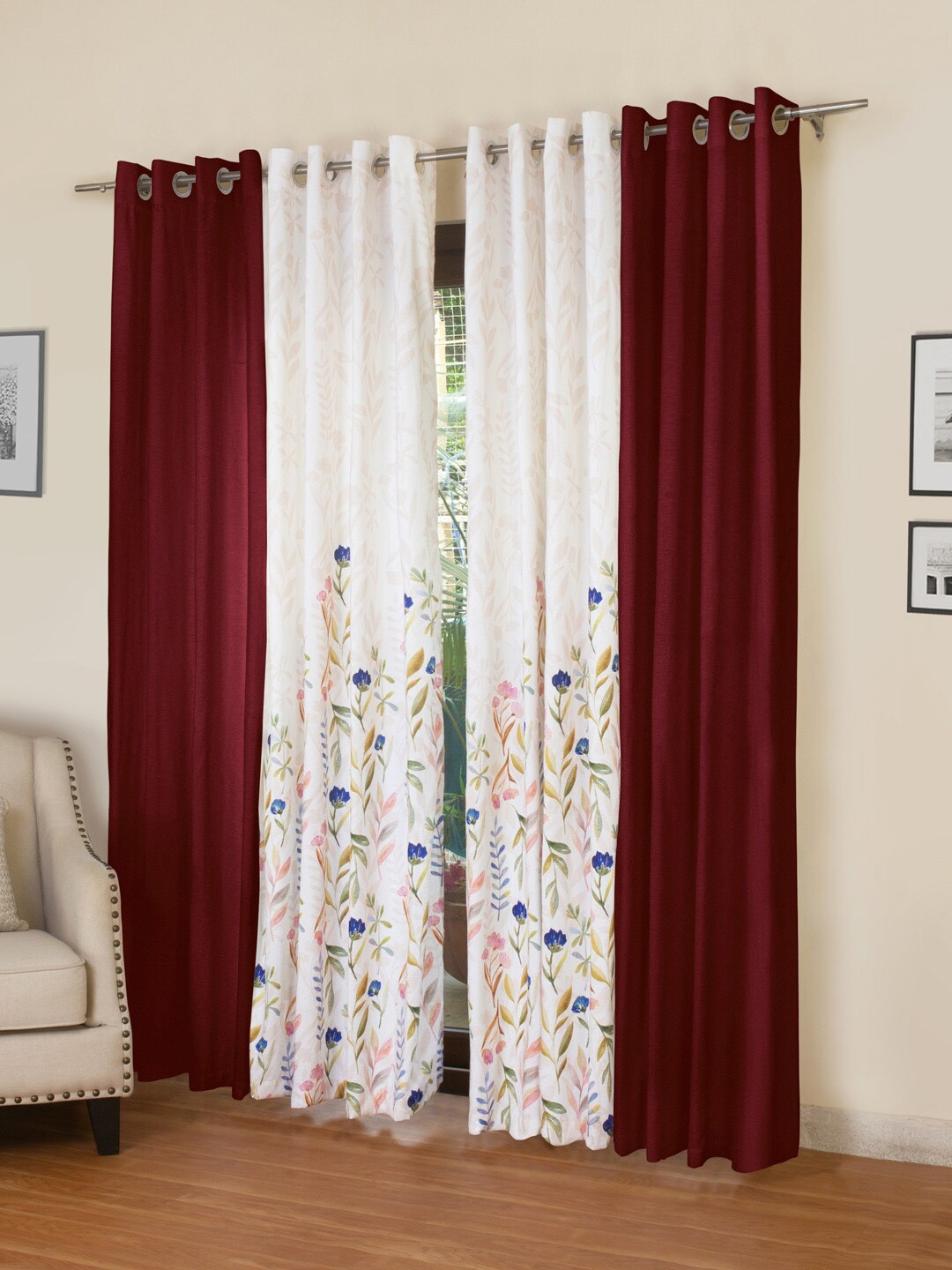 

ROSARA HOME Mateo Grace Panel Maroon & White 4 Pieces Floral Door Curtains
