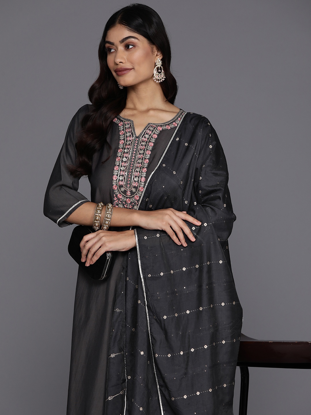 

Libas Floral Yoke Design Zari Kurta with Trousers Dupatta, Grey