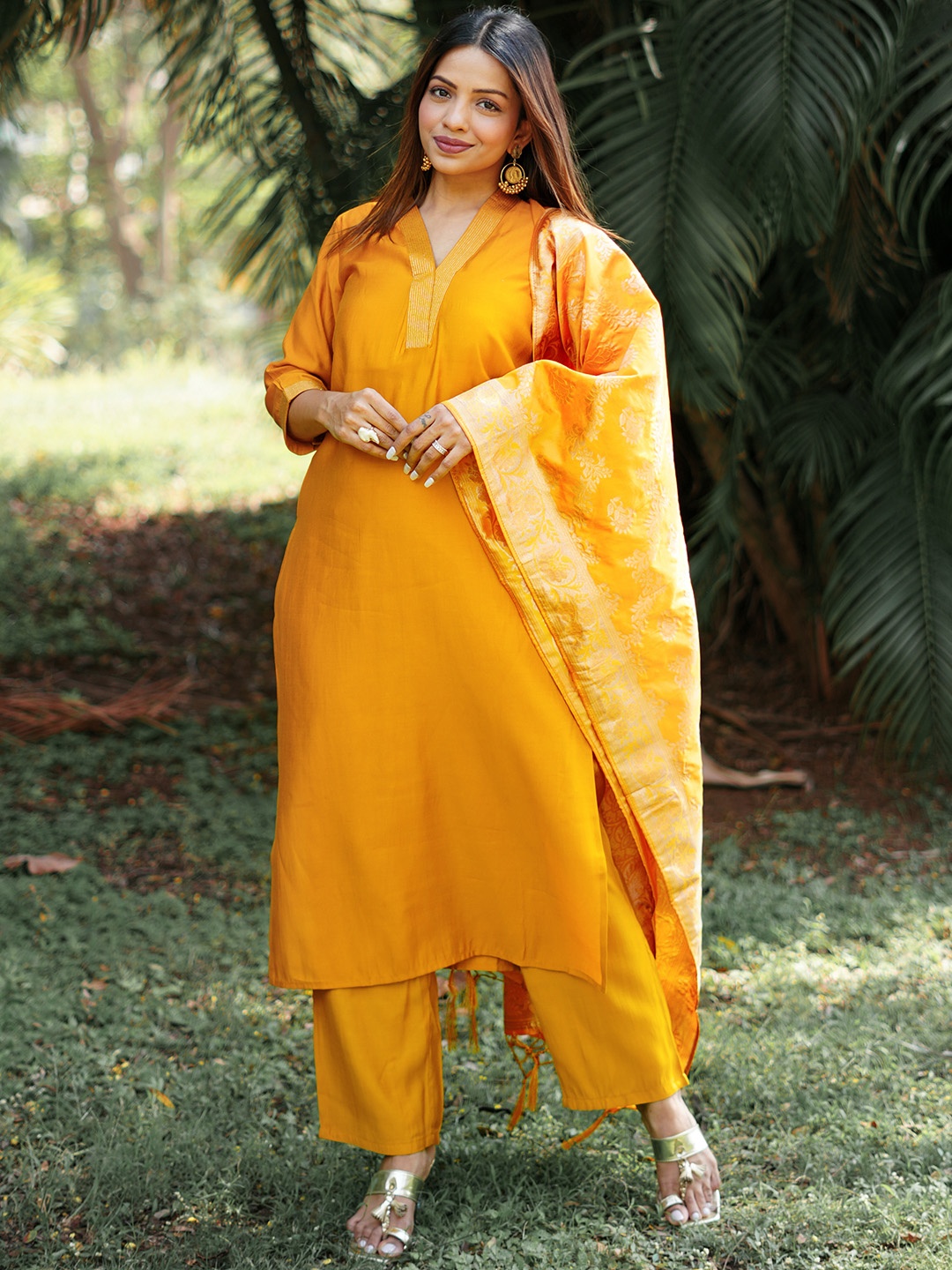 

Libas Zari Brocade Kurta with Trousers With Dupatta, Mustard